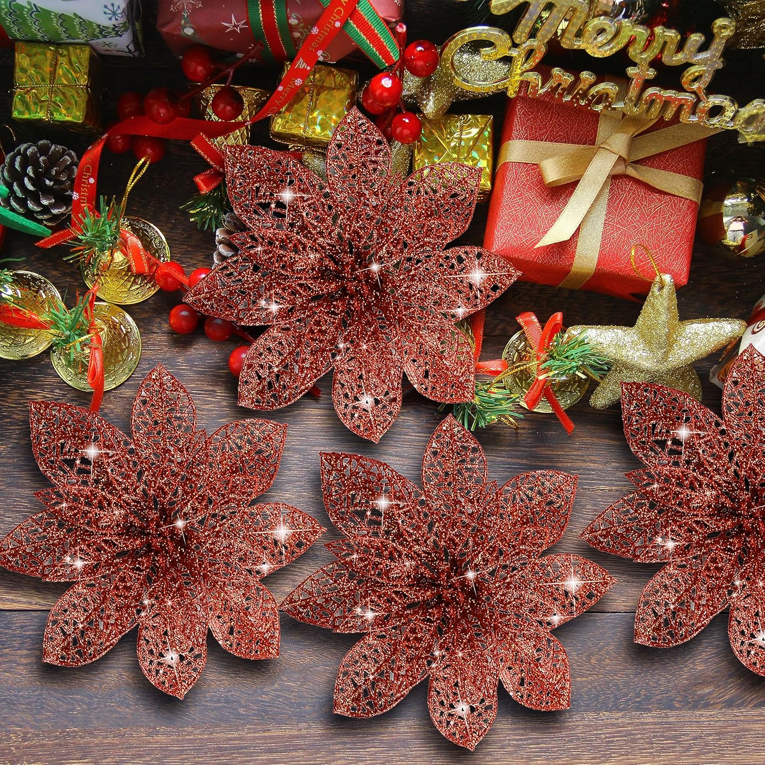 16 flores de nochebuena artificiales, decoraciones de Navidad de flores de nochebuena con clips, adornos de Navidad de flores de nochebuena con