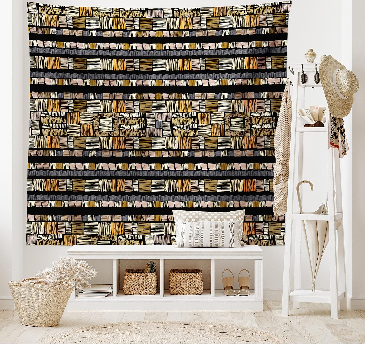 Ambesonne Tapiz africano, patrón tradicional dibujado a mano en estilo grunge, estampado a rayas, colgante de pared ancho para dormitorio, sala de