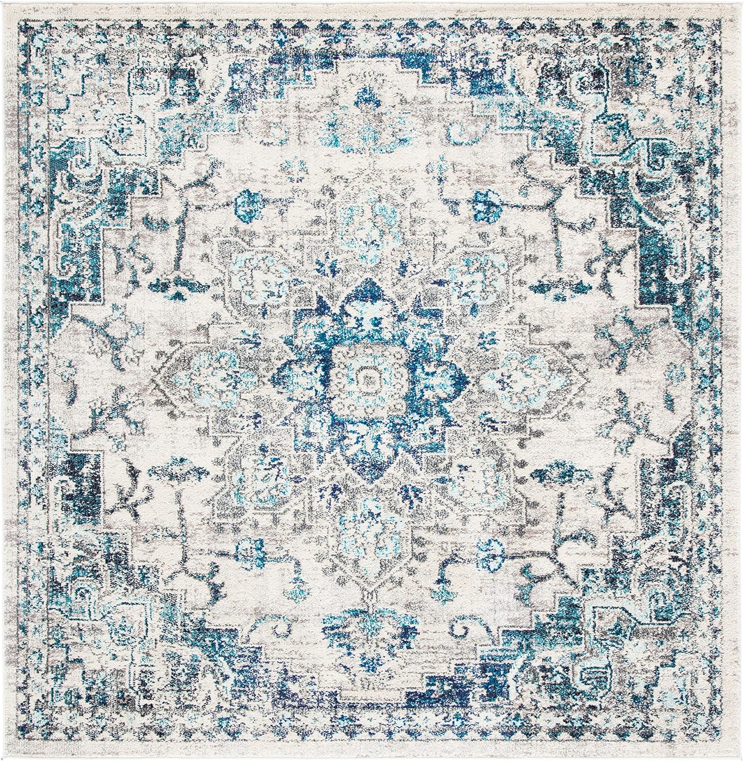 Safavieh Madison Collection MAD473C Tapete cuadrado de 8 pies, marfil y gris, diseño chic bohemio desgastado de medallón, no pierde fibras, fácil