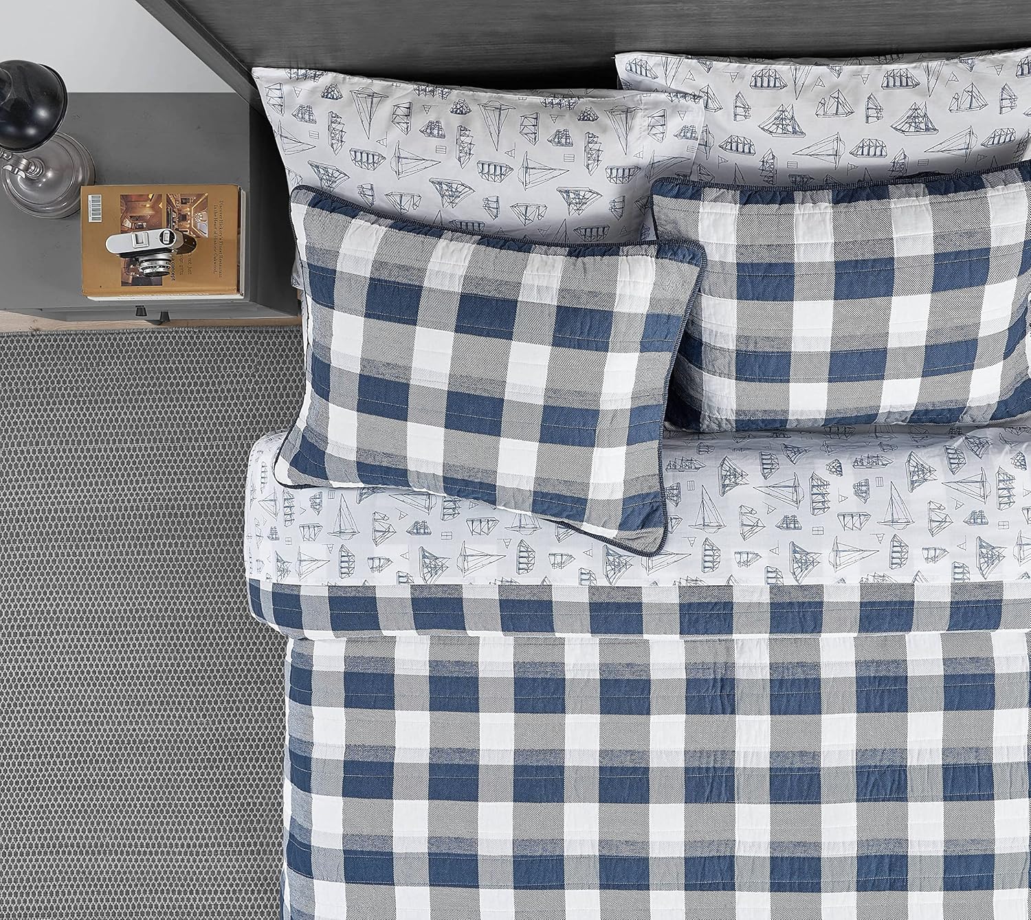 Nautica – Juego de edredón tamaño King, ropa de cama de algodón para todas las estaciones, ligero y reversible (Norridge NavyWhite, King)