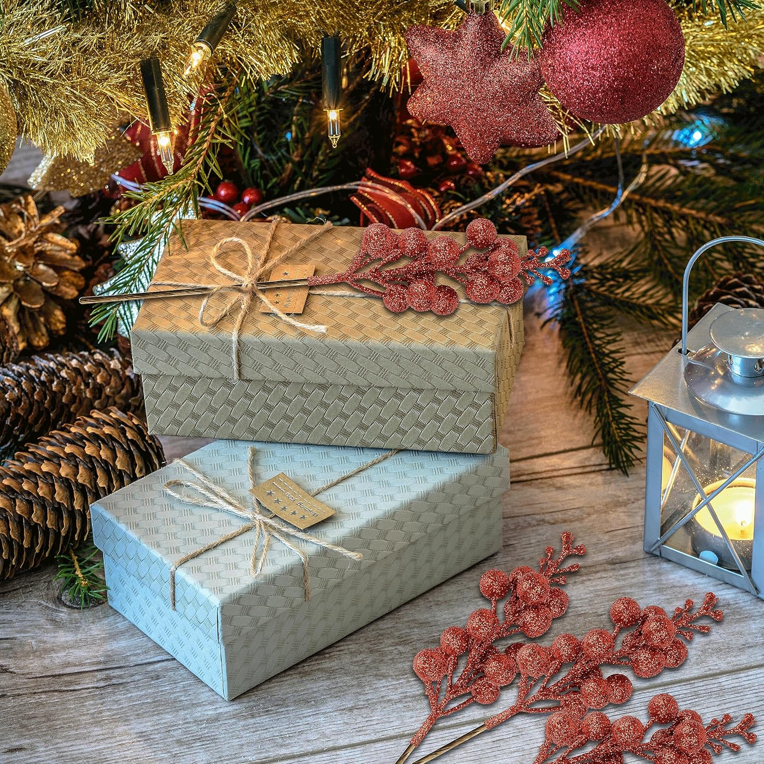 12 piezas de bayas de Navidad, tallos artificiales de bayas rojas con purpurina de 9 pulgadas, púas de Navidad, bayas rojas para árbol de Navidad,