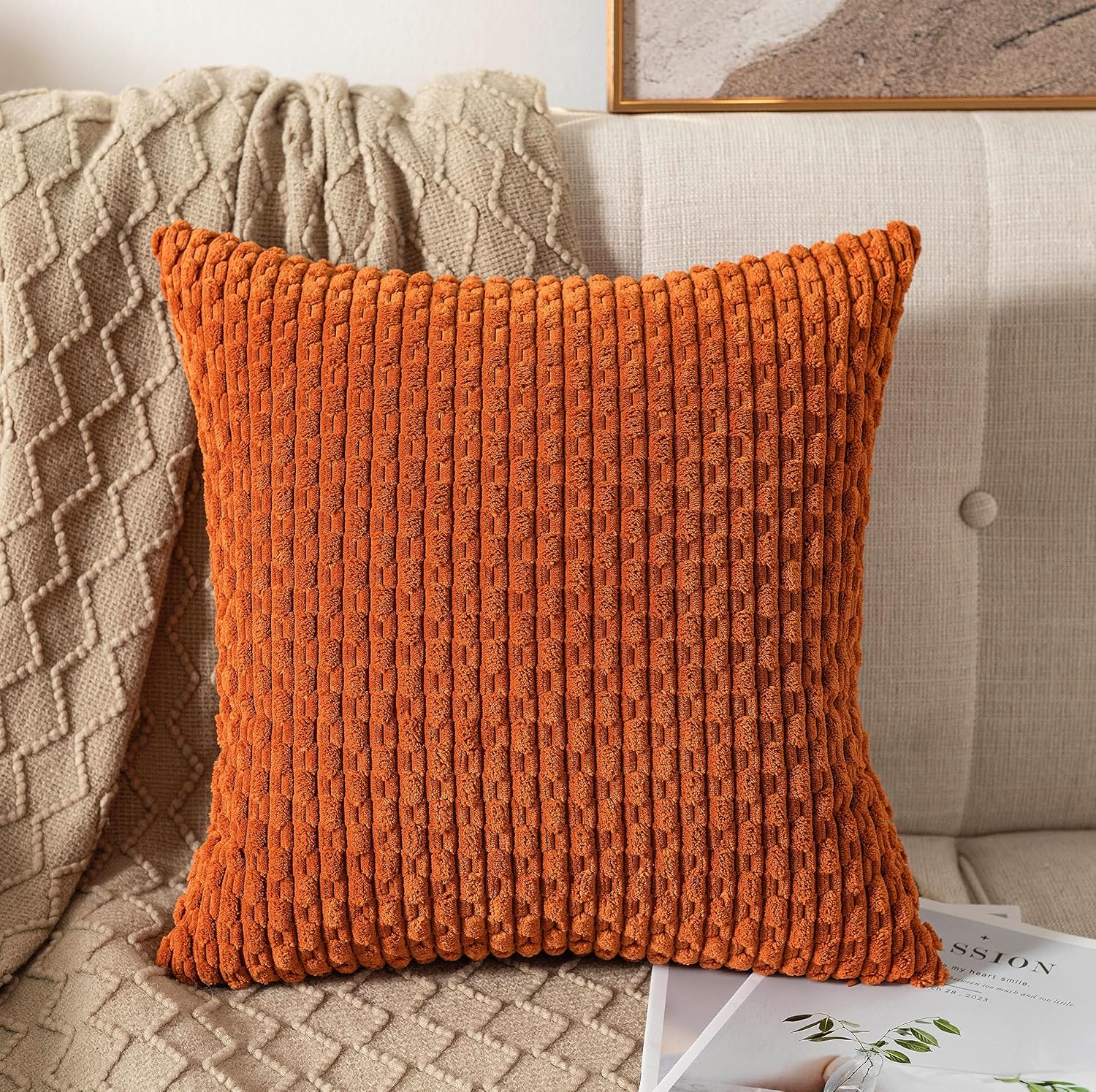 UGASA – Funda de almohada decorativa de pana suave para otoño, 20 x 20 pulgadas, estilo bohemio, a rayas, decoración moderna del hogar para sofá,