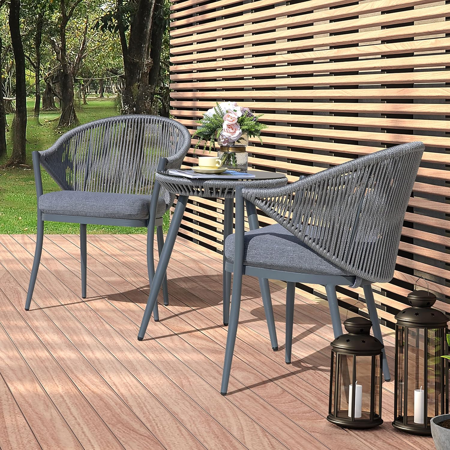 NUU GARDEN Juego de 3 piezas de bistró para exteriores, juego de patio de conversación de cuerda tejida, muebles de aluminio para todo tipo de