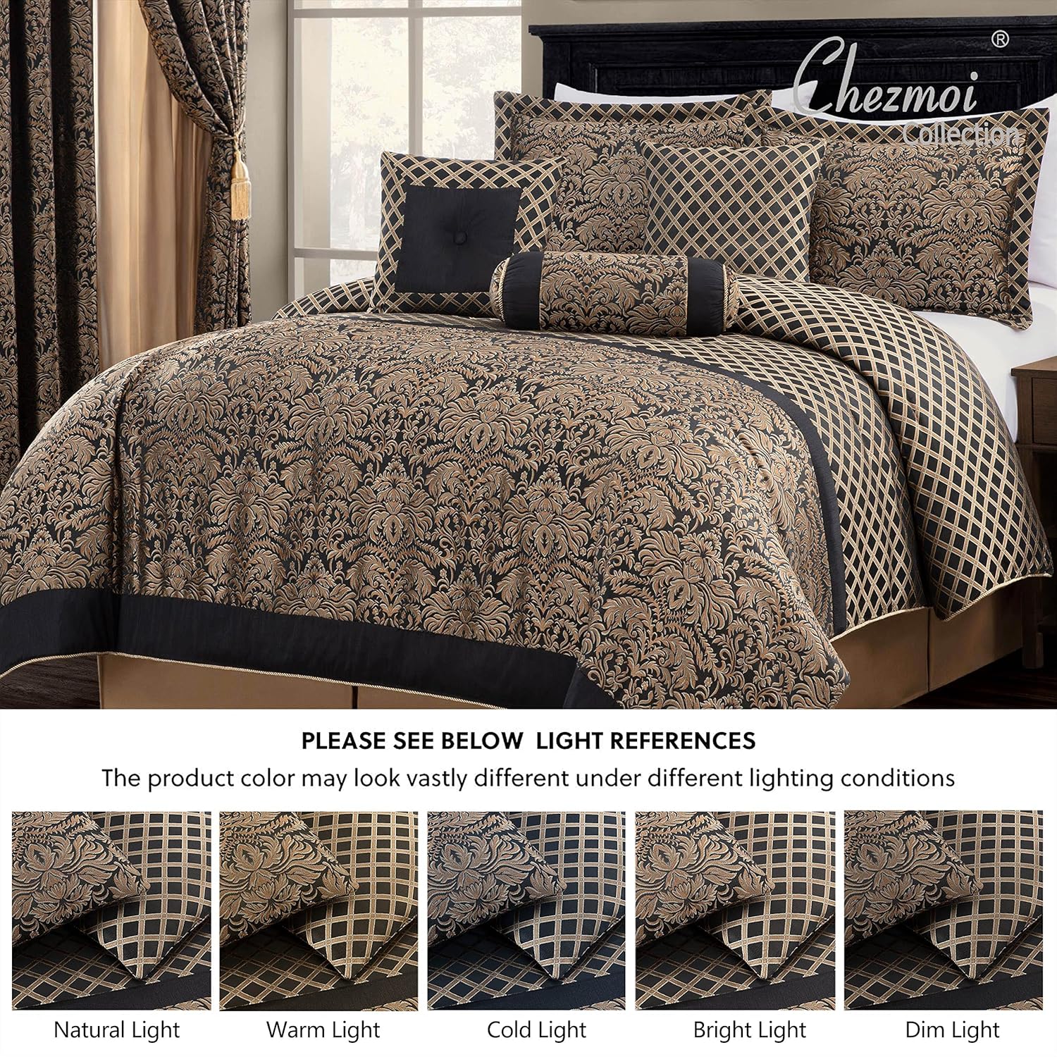 Chezmoi Collection Juego de edredón tejido jacquard de medallón floral de diamante negrodorado de 7 piezas, tamaño California King