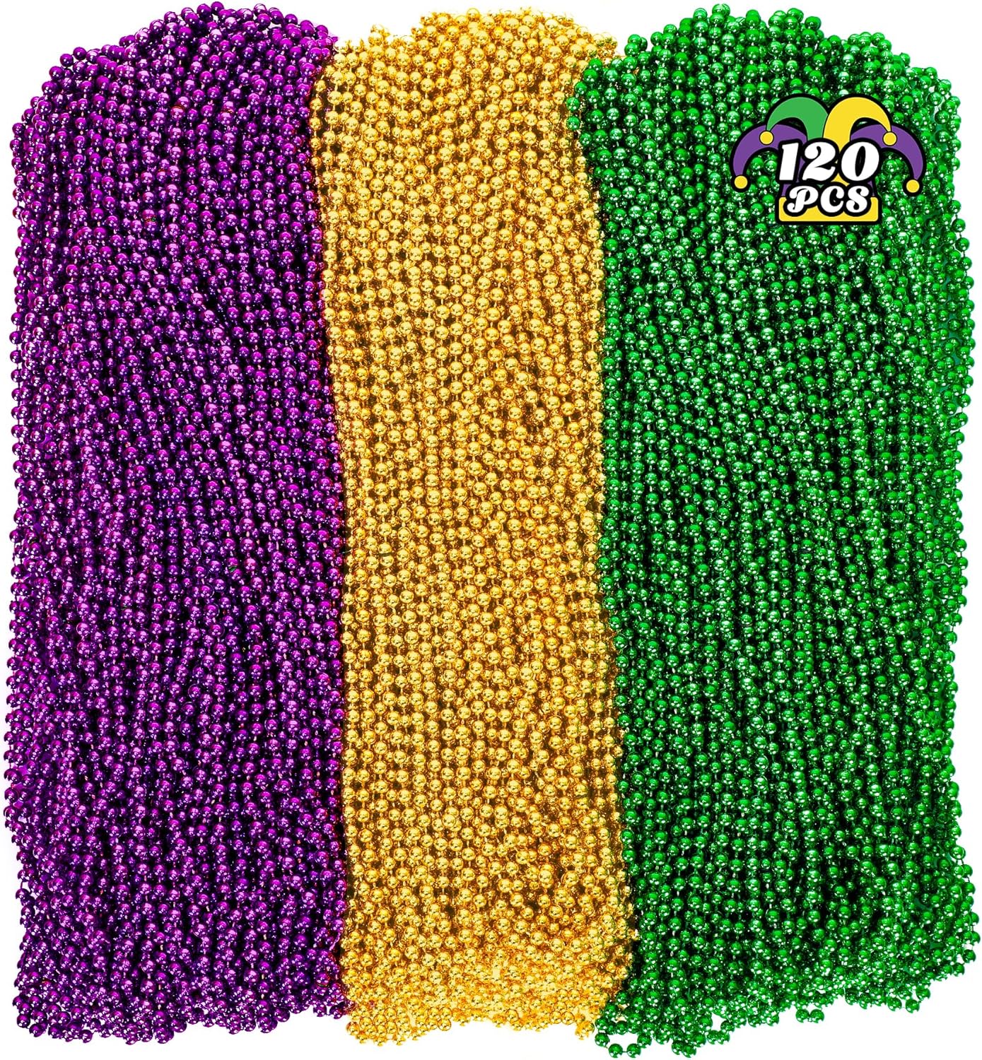 120 cuentas de Mardi Gras, collar de cuentas de 33 pulgadas, accesorios de Mardi Gras morado, dorado y verde, collares de disfraz de fiesta, mantas