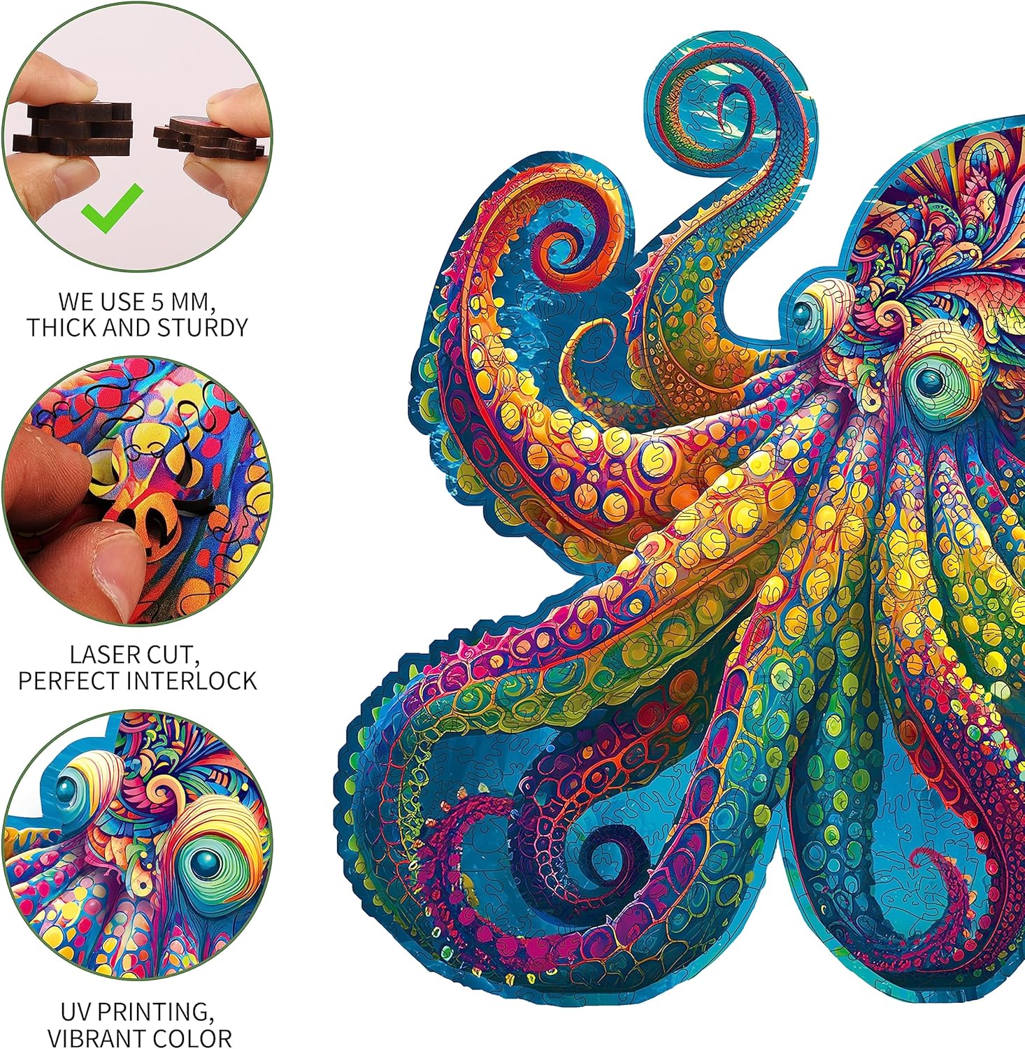 Mys Aurora Rompecabezas de madera únicos, pulpo de ágata, 300 piezas de tamaño mediano de 12.6 x 12.2 pulgadas, lujoso rompecabezas de madera con
