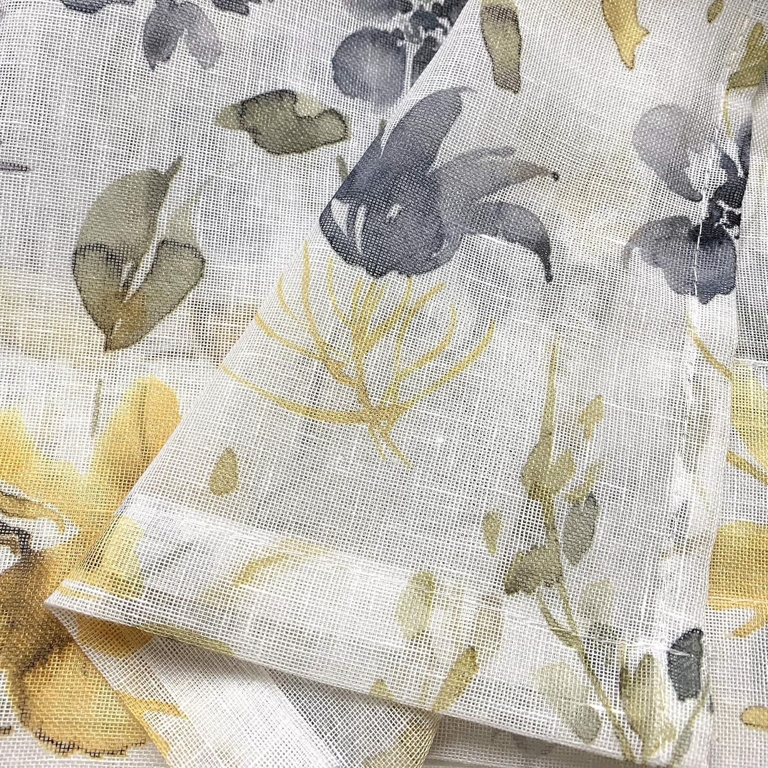 Fragrantex Cortinas traslúcidas de acuarela floral amarillo y gris, 84 pulgadas de largo para sala de estar, estampado botánico, tela texturizada de