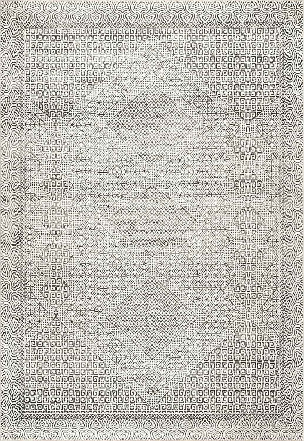 nuLOOM Abstracto Tribal Alfombra decorativa lavable a máquina, 2 x 3 pies, gris, rectangular, 0.1 pulgadas de grosor