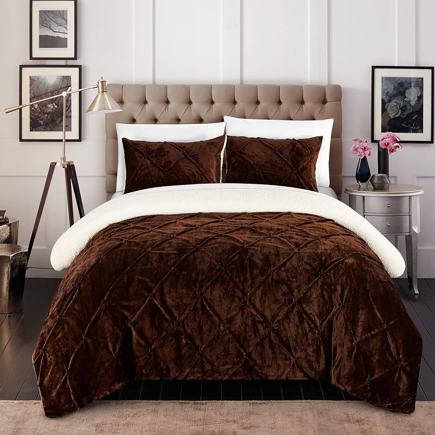 Chic Home CS4800-AN Josepha – Edredón plisado con volantes y frunces, forro de sherpa, beige, individual extra largo