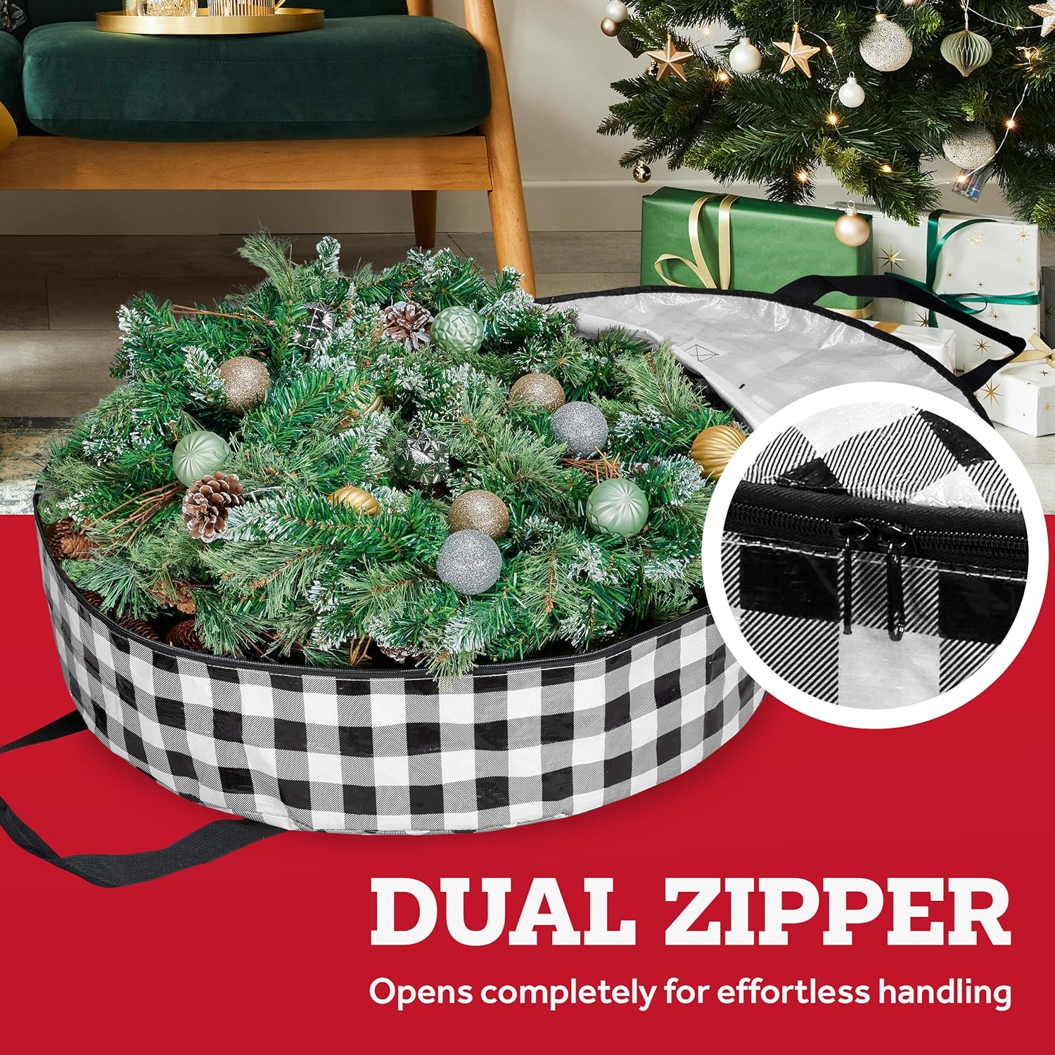 ZOBER Contenedor de almacenamiento de corona de Navidad, bolsa de almacenamiento de corona de plástico de 30 pulgadas, bolsa de corona con doble