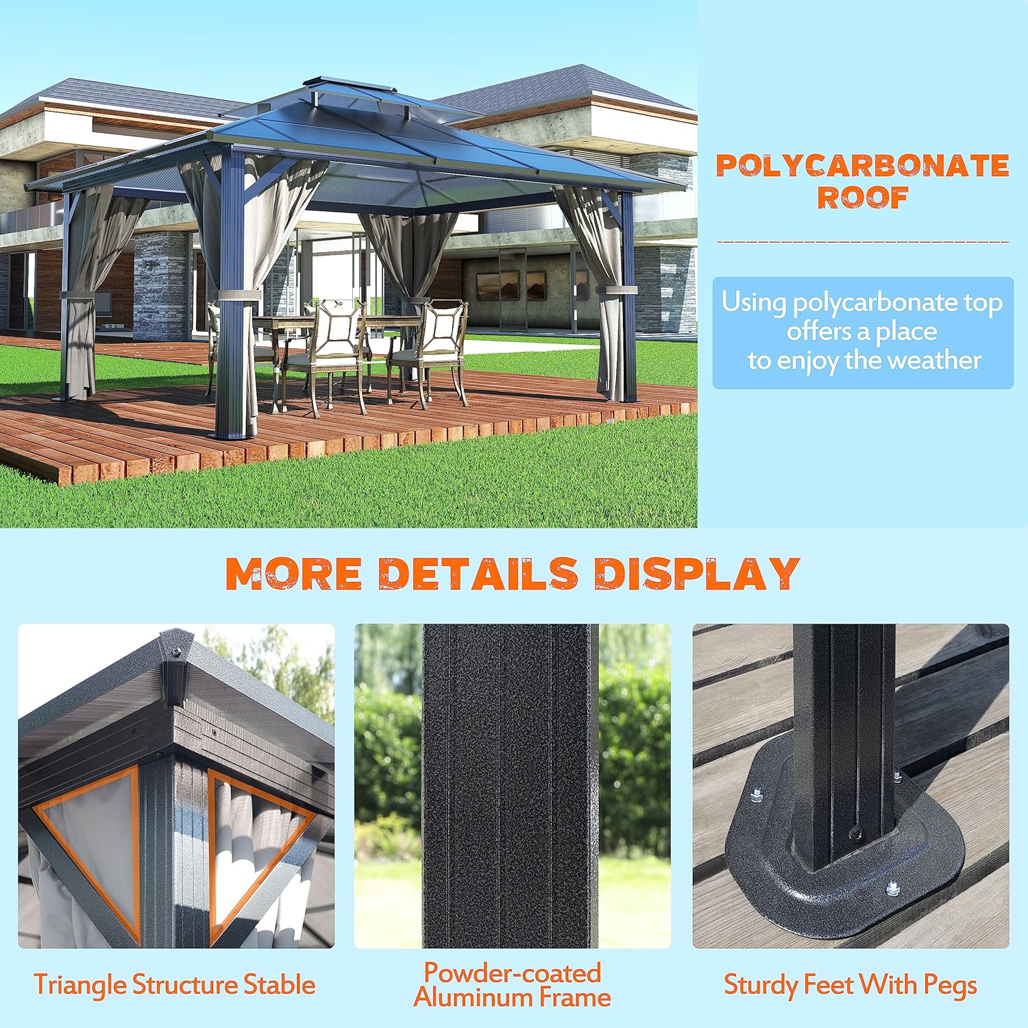 MUPATER Gazebo de policarbonato de 10 x 13 pies con marco de aluminio, cenador de patio de doble techo, pabellón permanente al aire libre con malla