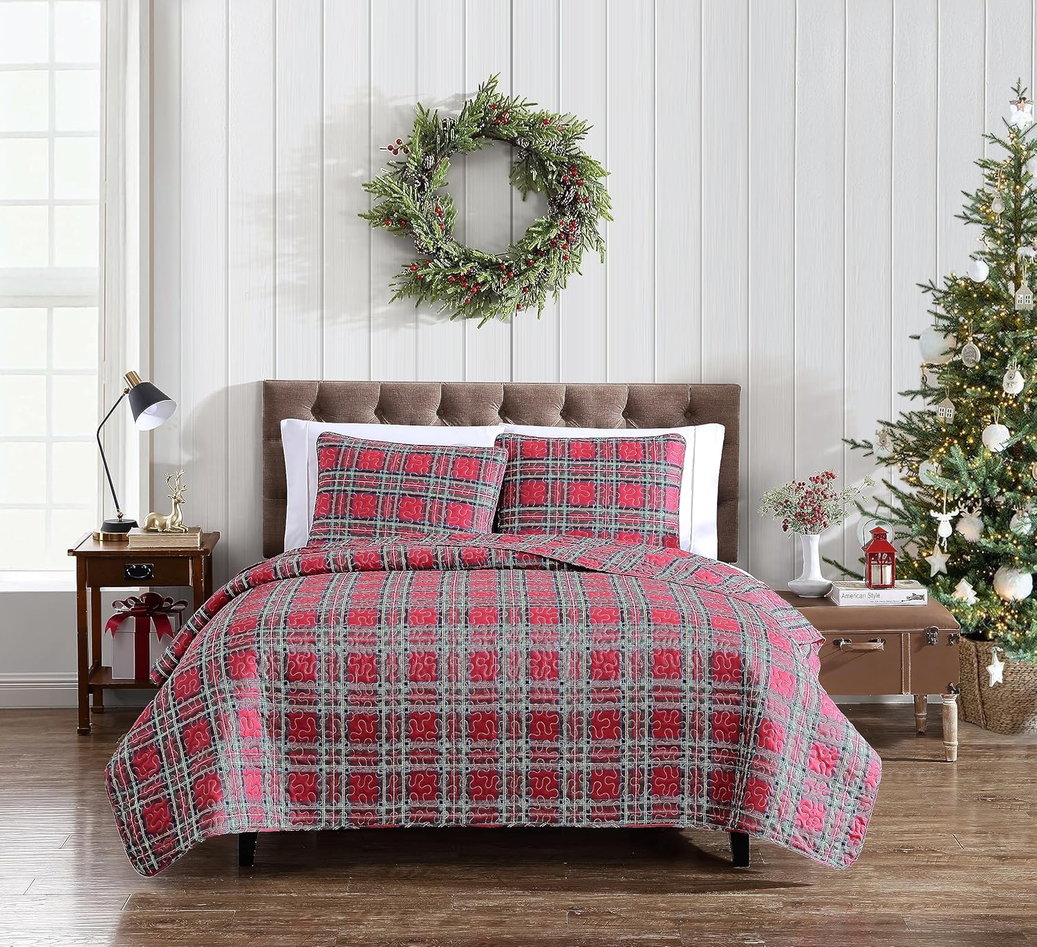 Beatrice Home Fashions Juego de ropa de cama ligero tamaño King, diseño a cuadros, rojo, negro, verde