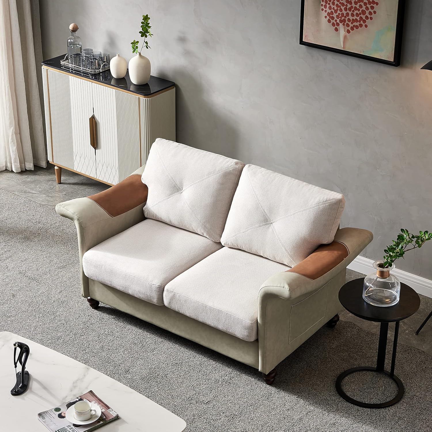 Harper & Bright Designs Sofá de 2 plazas con tela de lino, piel sintética, patas de madera maciza, sofá tapizado para 2 personas para sala de estar,