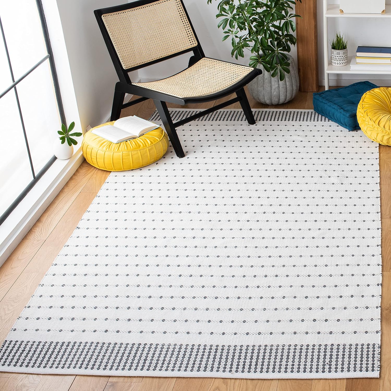 SAFAVIEH Montauk Collection – Alfombra decorativa de 3 x 5 pies, color gris y marfil, diseño de algodón de tejido plano, fácil cuidado, ideal para