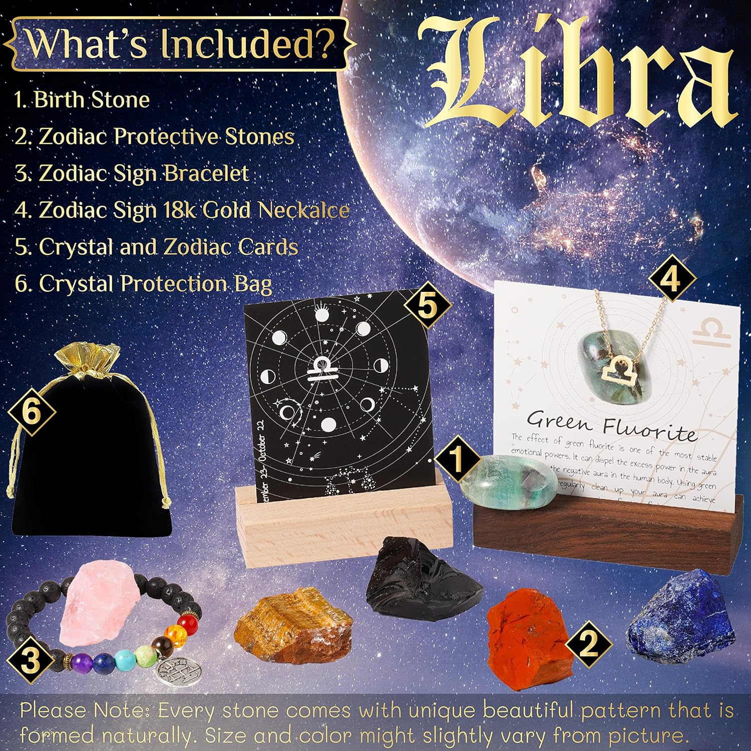 Libra – Regalos del zodiaco para mujeres, regalos espirituales, regalos de horóscopo con piedra natal, collar del zodiaco y pulsera de chakras,