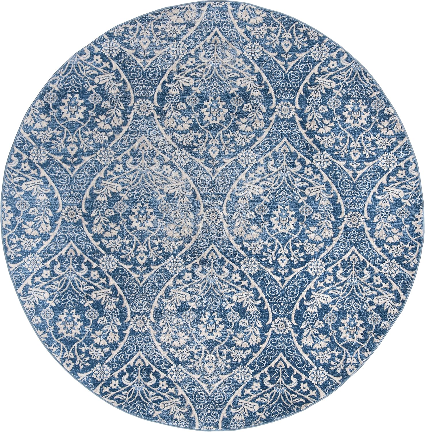 SAFAVIEH Brentwood Collection – Alfombra redonda de 5 pies, azul marino y gris claro, diseño floral de damasco Ogee enrejado, no desprende pelusa y