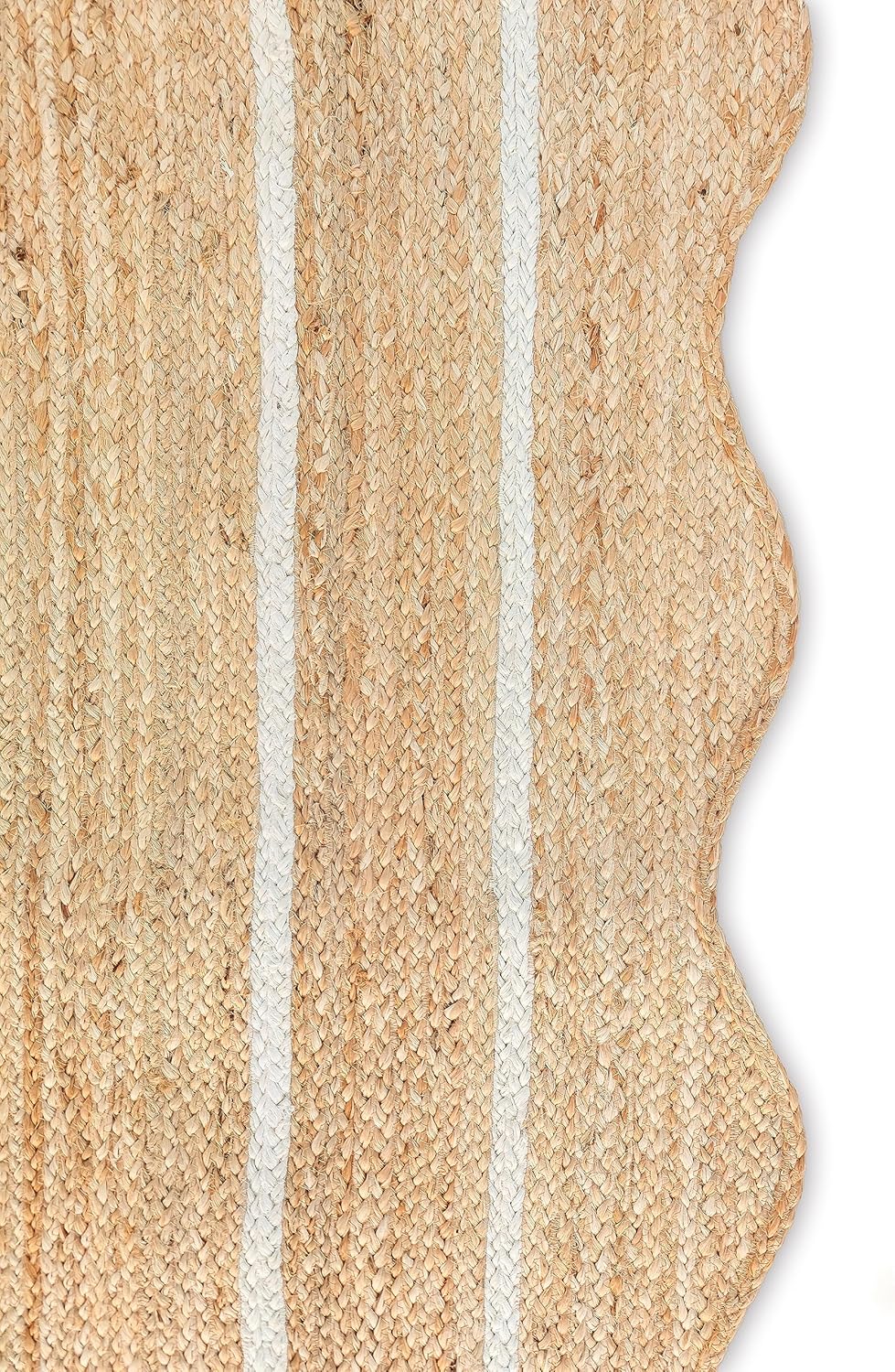 Alfombra ondulada de yute natural festoneada, alfombra de yute bohemio para entrada, alfombra de pasillo de granja, alfombra de vieira color blanco
