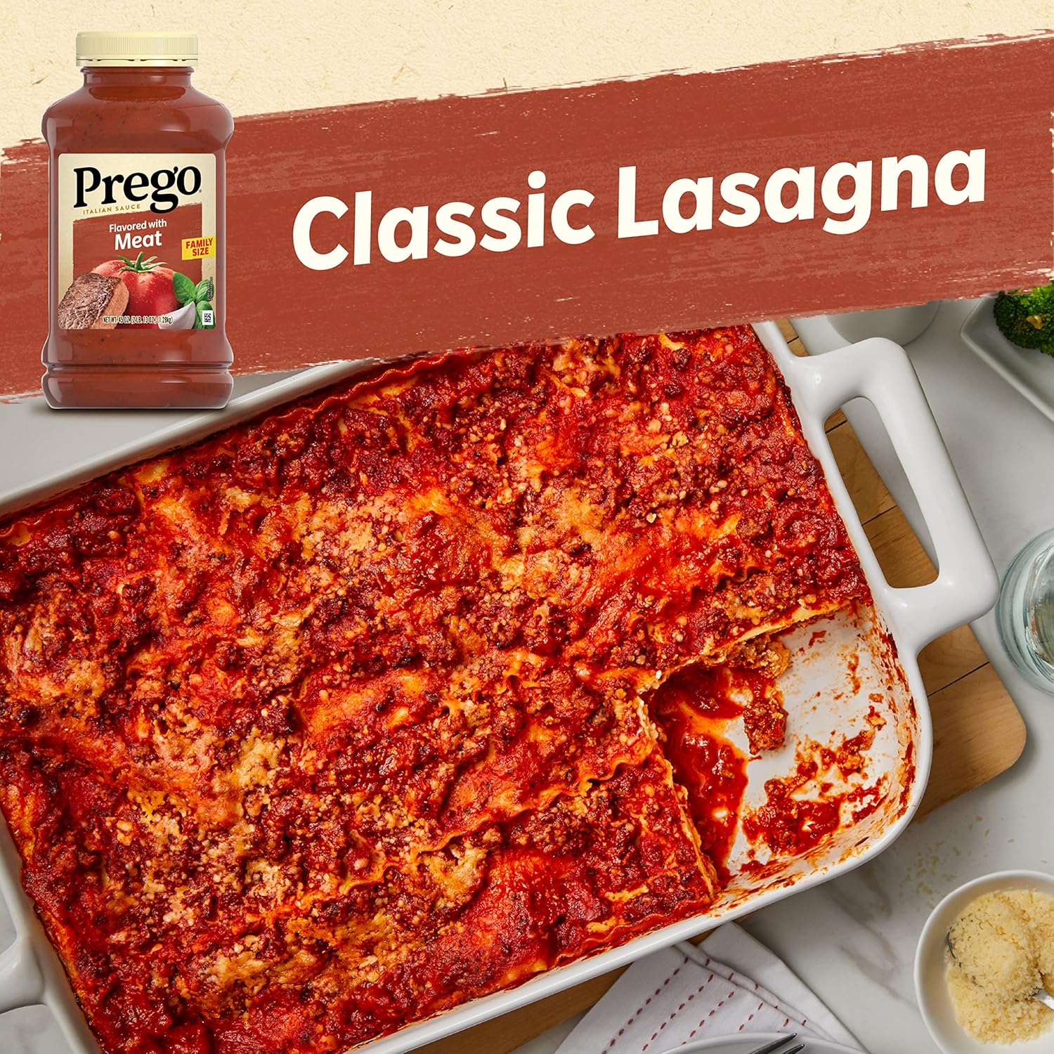 Prego Salsa italiana de pasta de tomate aromatizada con carne, tarro de 45 onzas