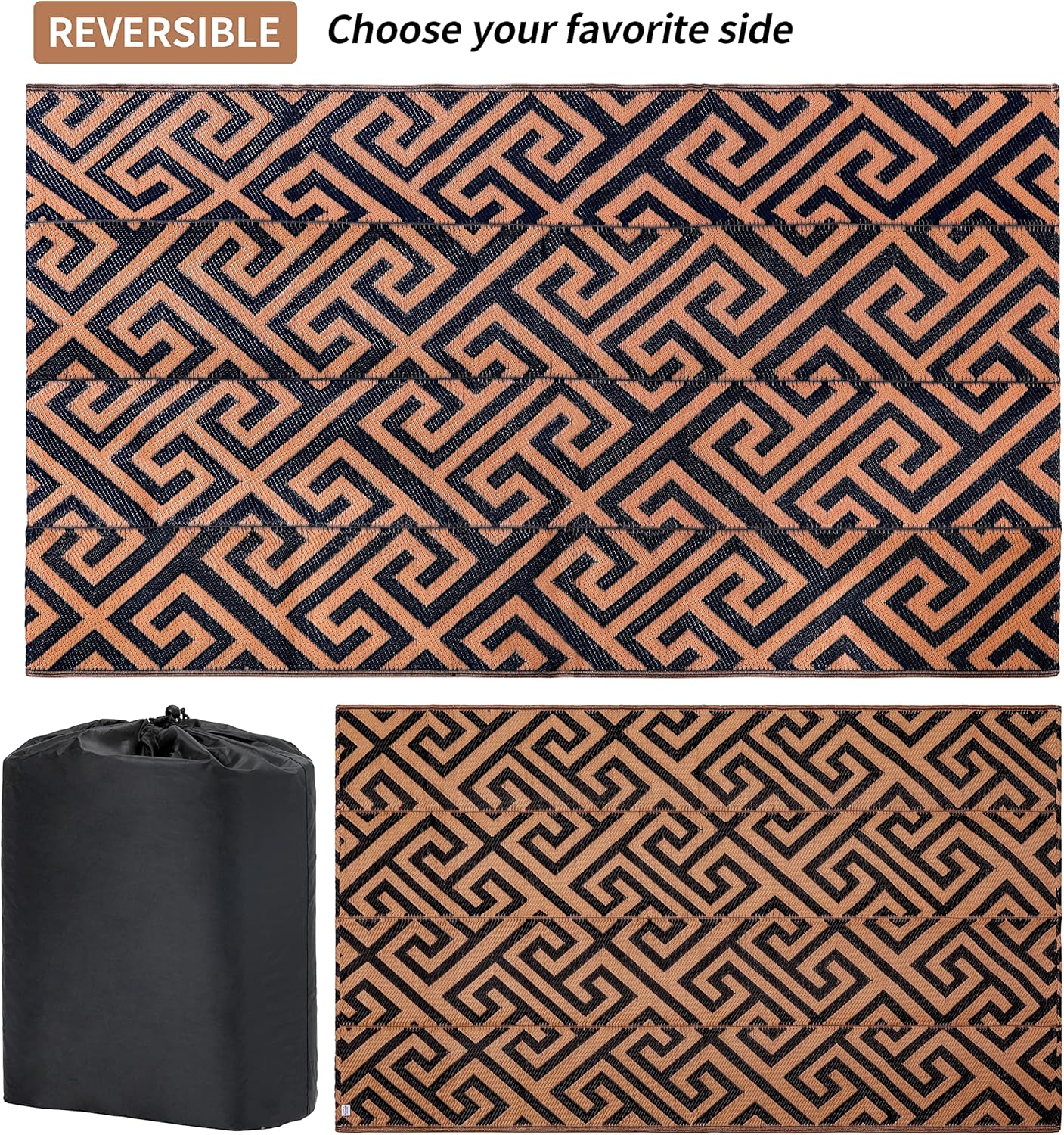 Alfombras reversibles de plástico para patio, 5 x 8 pies, ligeras, en forma de I, para patio, pajilla, campamento de caravana, playa y picnic (negro