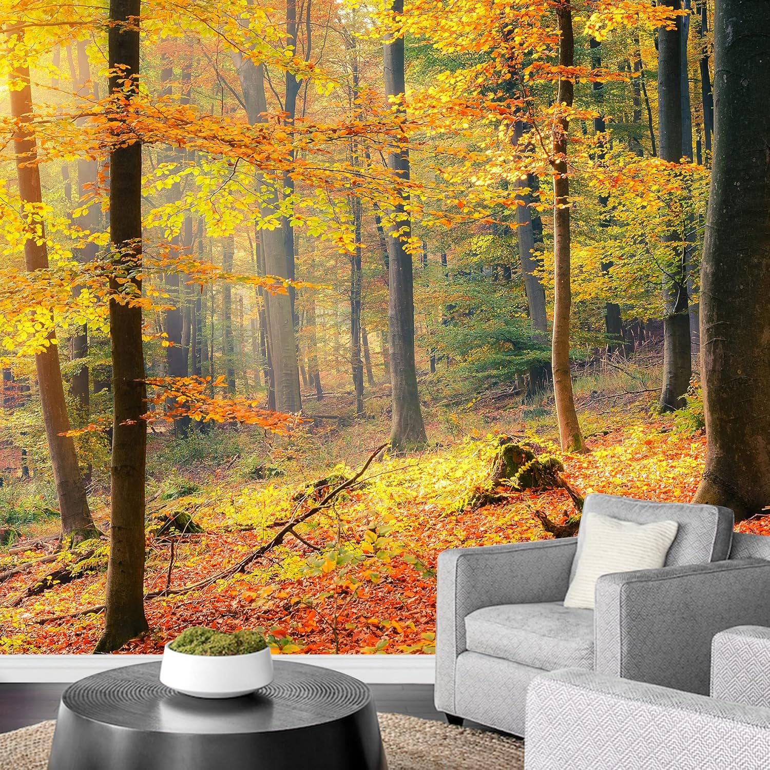wall26 Adhesivo mural removible para pared, otoño, hojas de naranja, bosque, naturaleza, desierto, fotografía, realismo, paisaje rústico,