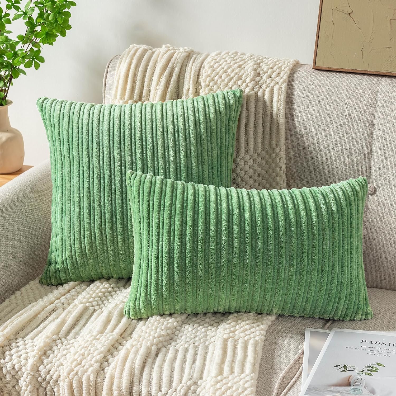 UGASA – Juego de 2 fundas de almohada de terciopelo suave de 18 x 18 pulgadas, decorativas, de pana a rayas en ambos lados, fundas de cojín