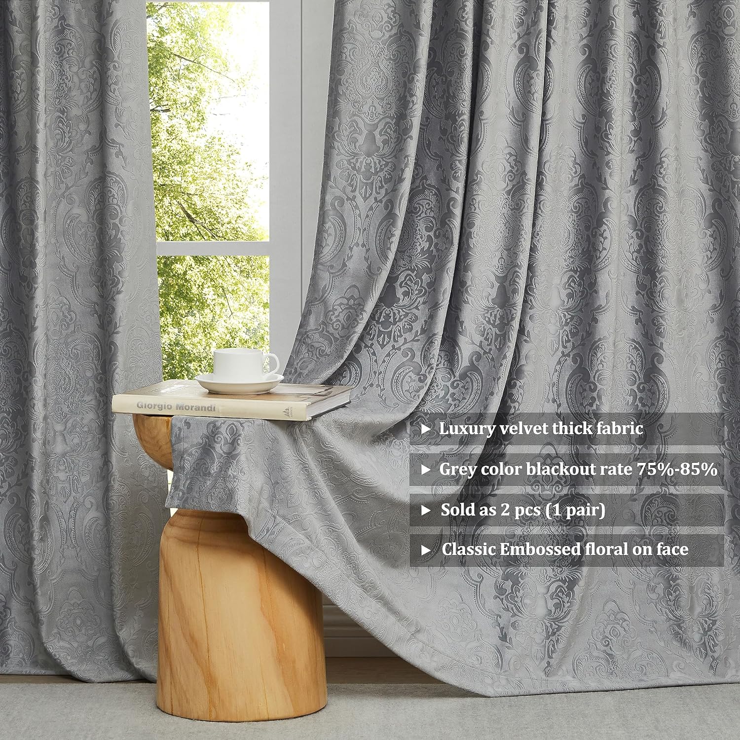 GIGIZAZA Cortinas de terciopelo gris de 96 pulgadas de largo para sala de estar, 2 paneles de cortinas bohemias de lujo con estampado de flores en