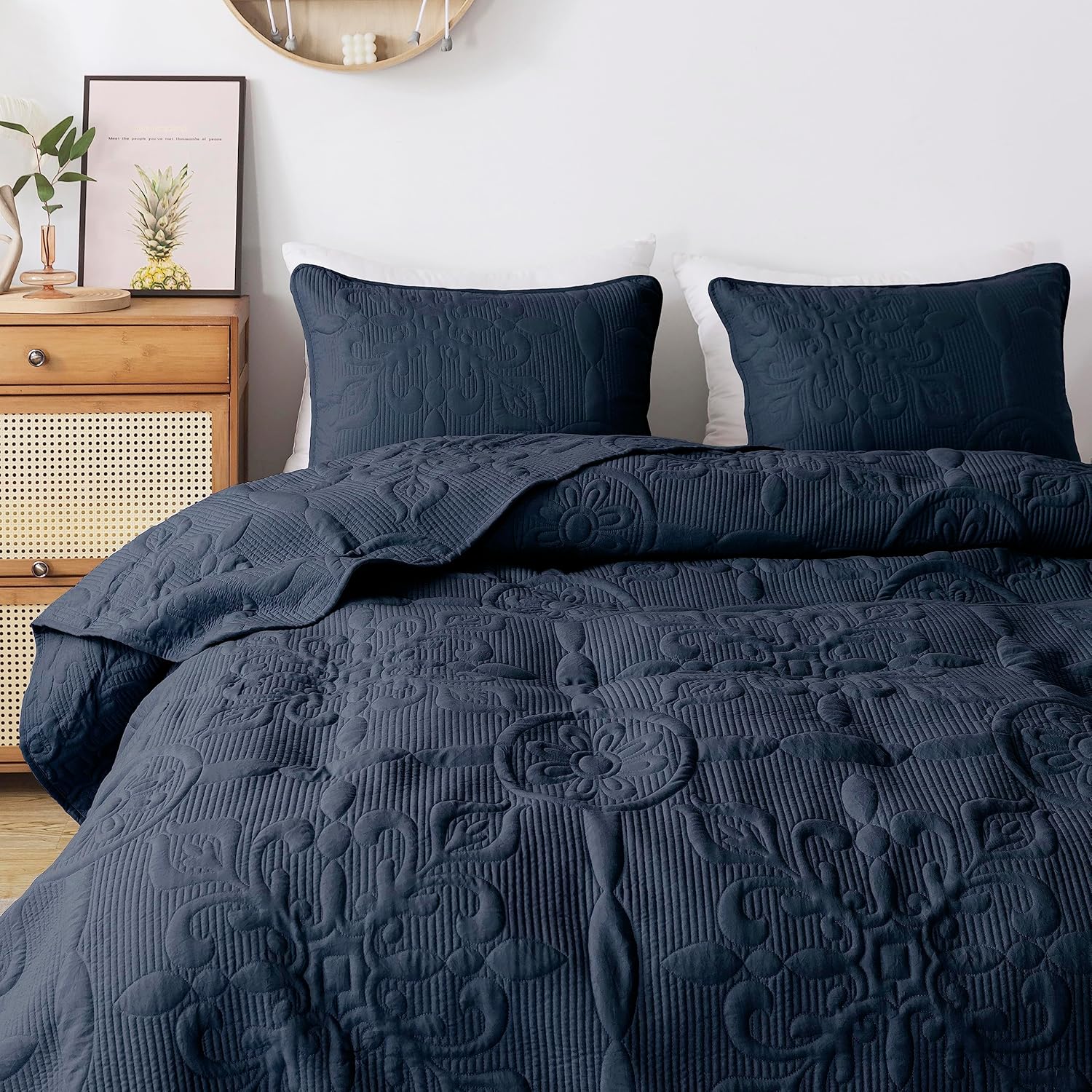 Juego de ropa de cama de damasco tamaño King con fundas de almohada, colcha ligera y suave, manta acolchada azul marino fina para todas las