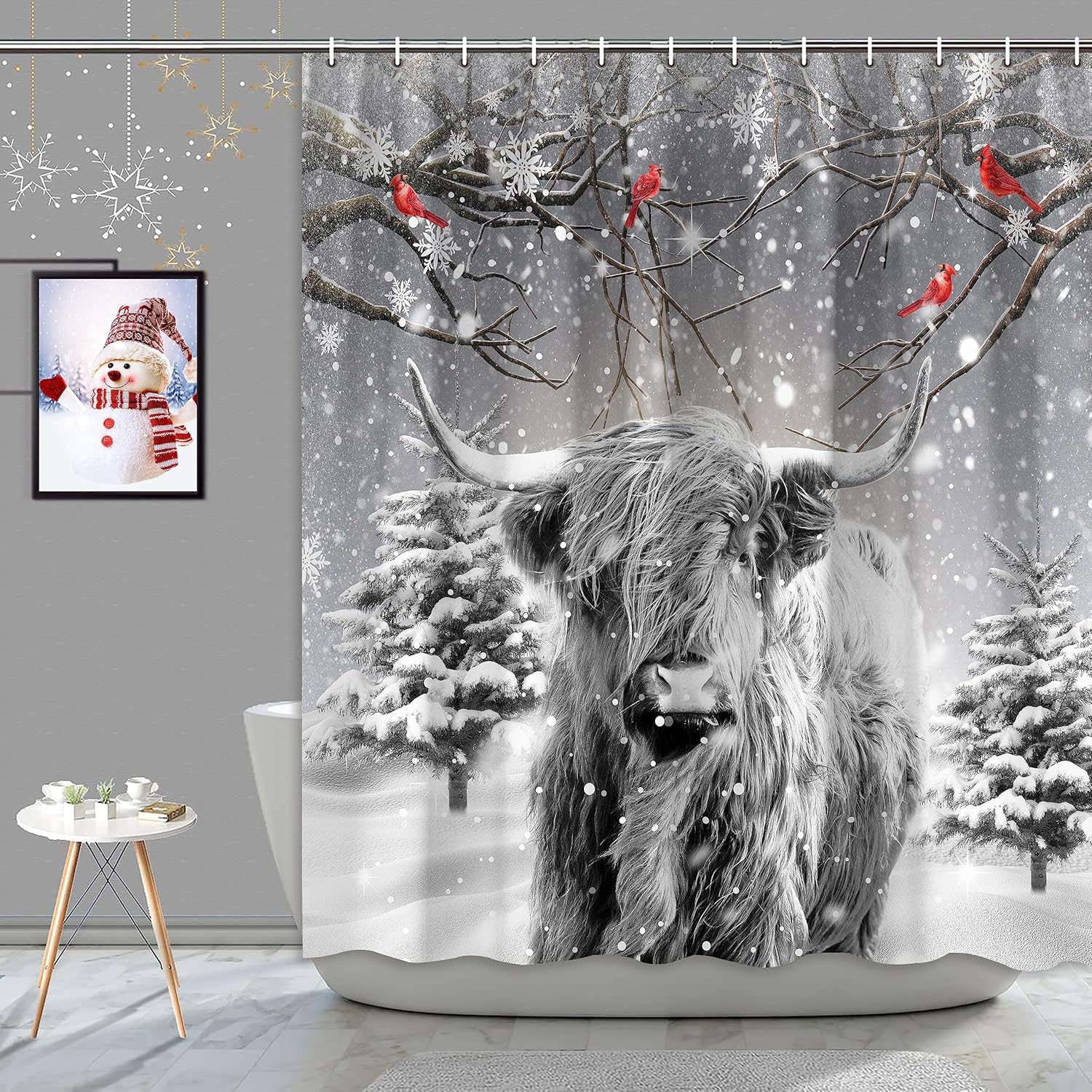 Bcsewcg Juego de cortina de ducha gris de vaca de las montañas navideñas, cortina de ducha divertida de vaca occidental, bosque de invierno, nieve,