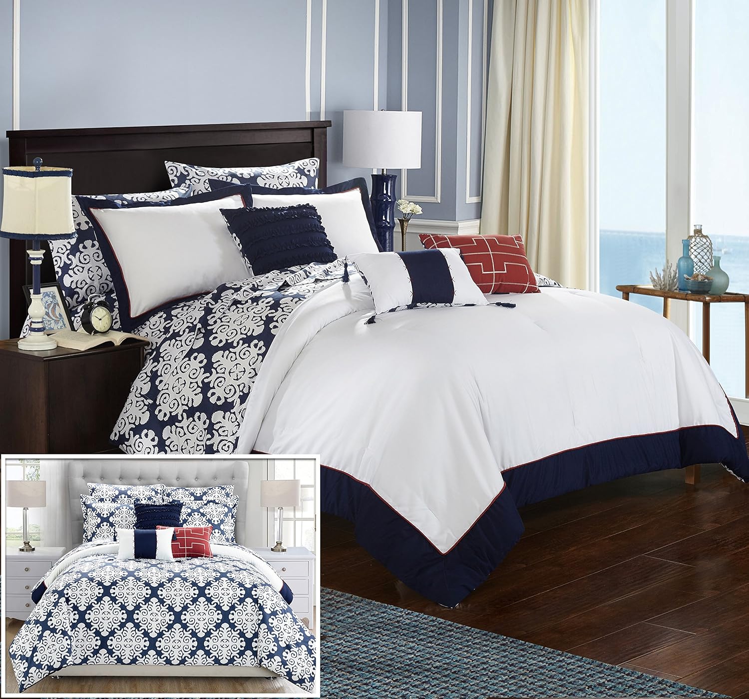 Chic Home Tania – Cama reversible de 10 piezas, edredón Queen, azul marino