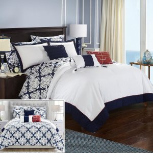 Chic Home Tania – Cama reversible de 10 piezas, edredón Queen, azul marino Chic Home Tania – Cama reversible de 10 piezas, edredón Queen, azul marino