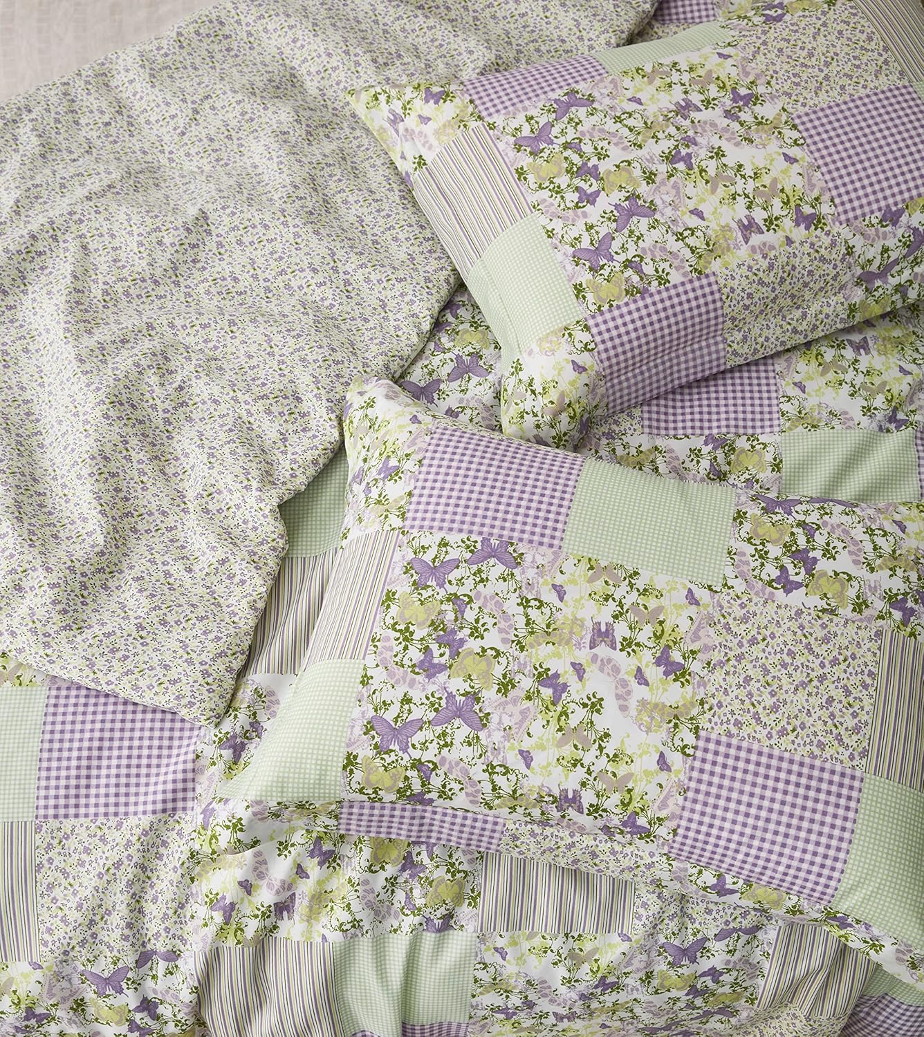 Chezmoi Collection Daisy – Juego de edredón de retazos estampado de 3 piezas, diseño a rayas de caramelo botánico de mariposa morada, a cuadros,