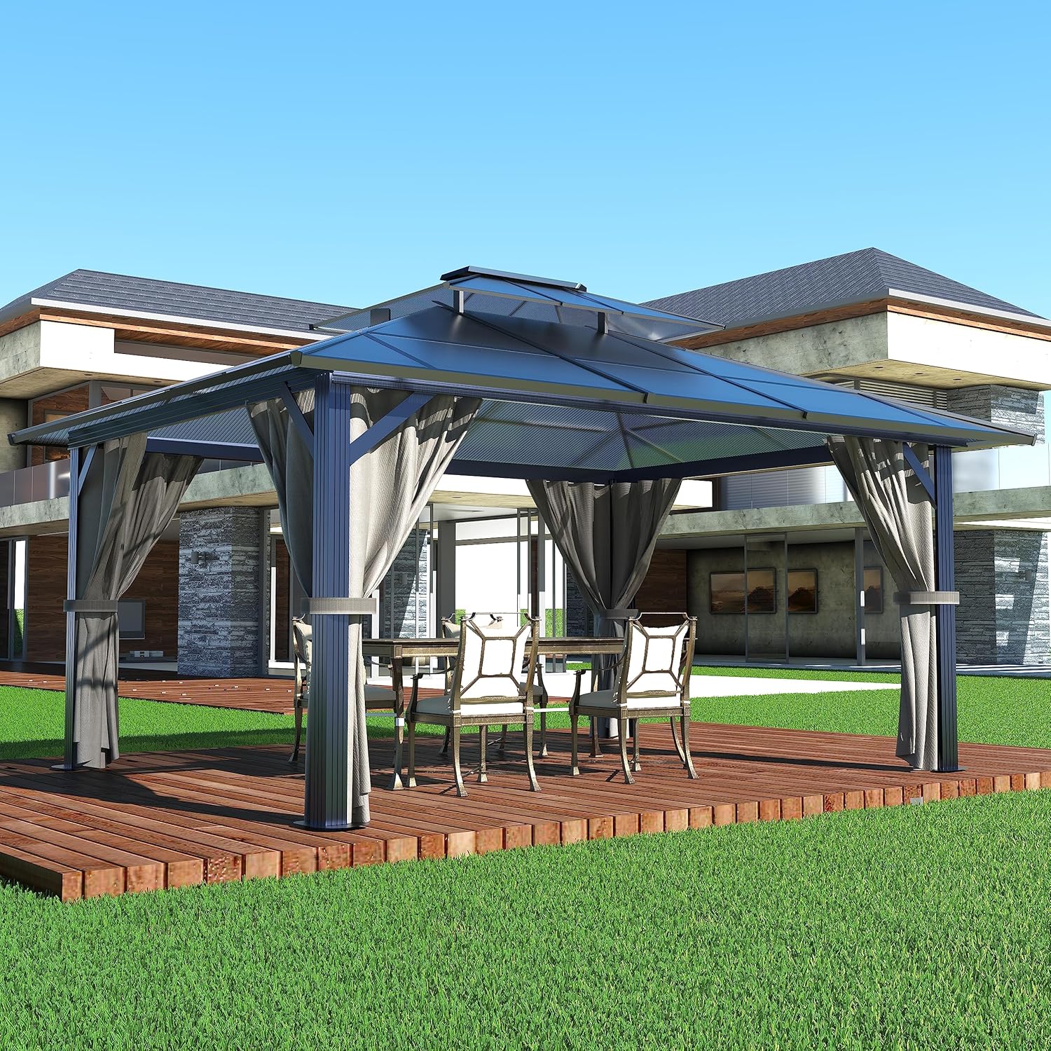 MUPATER Gazebo de policarbonato de 10 x 13 pies con marco de aluminio, cenador de patio de doble techo, pabellón permanente al aire libre con malla