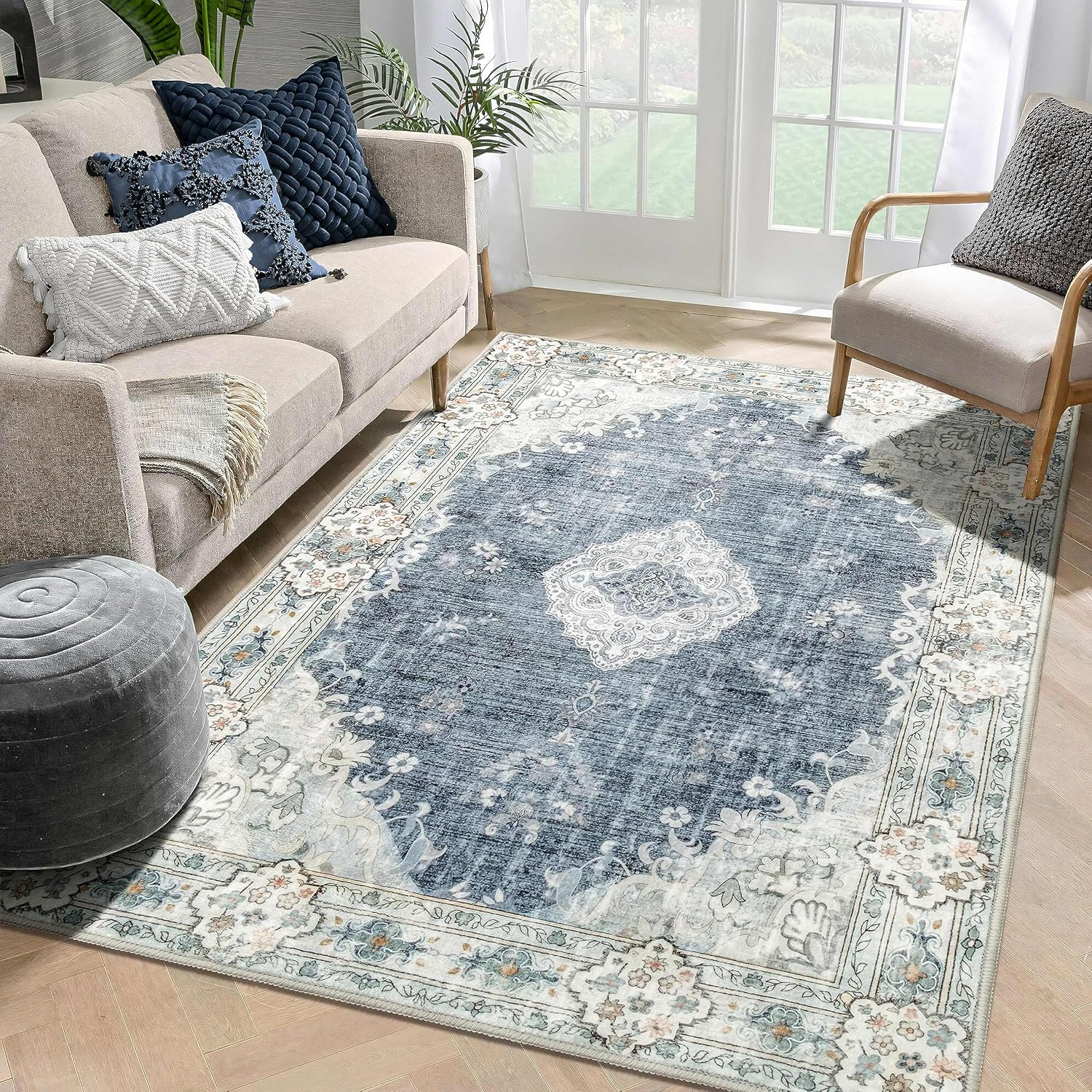 Mujoo – Alfombras de 5 x 7 pies, color azul y gris, lavables a máquina, bohemia, para sala de estar, para dormitorio, lavandería, cocina,