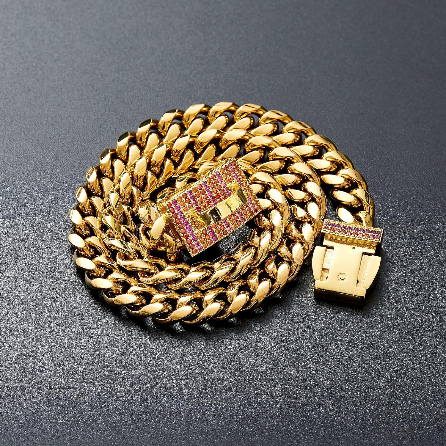 Collar con colgante personalizado de acero inoxidable dorado con eslabones cubanos para perros pequeños y medianos, collar de perro Bulldog francés