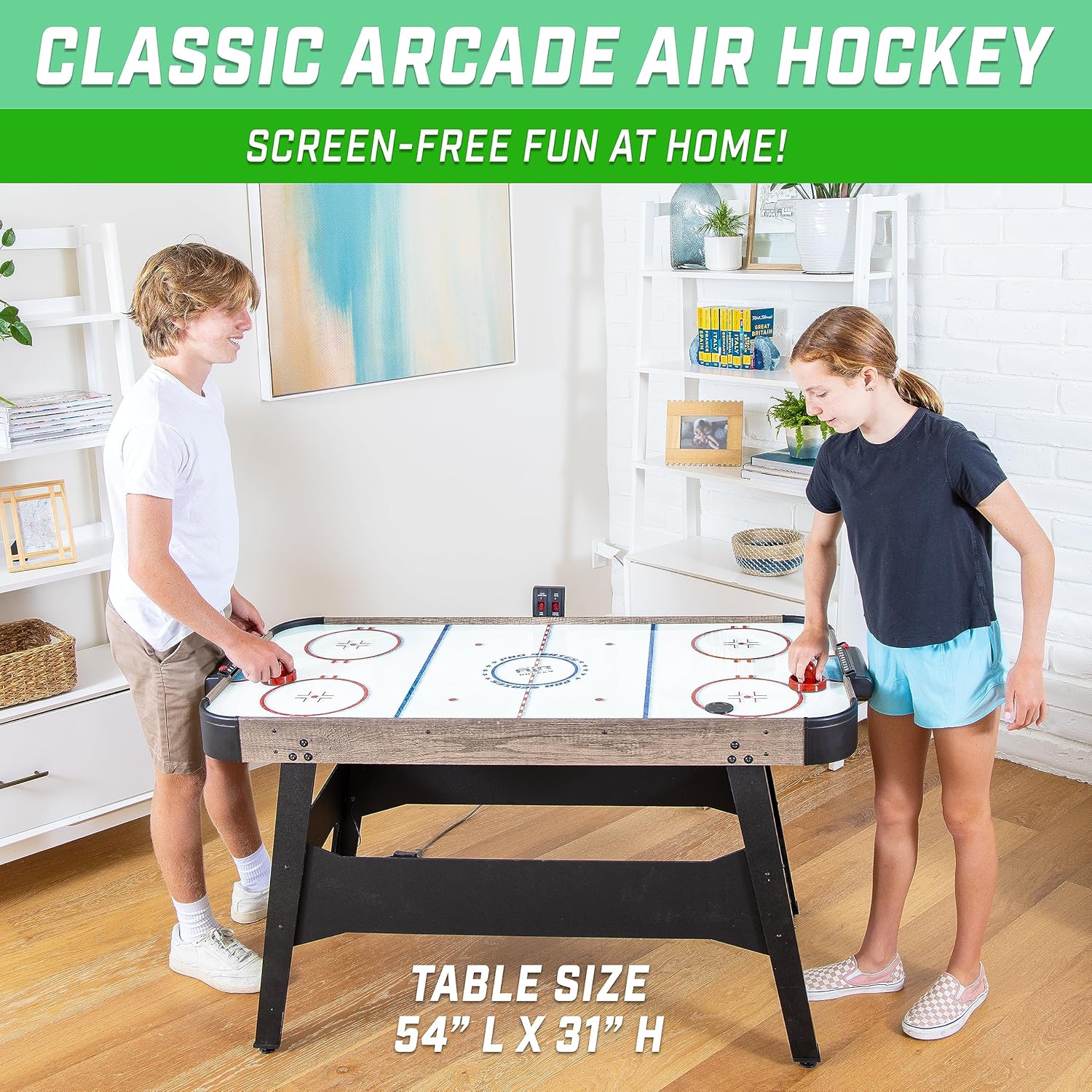 GoSports Mesa de hockey de aire de 54 pulgadas para niños y adultos, incluye 2 empujadores, 3 discos, motor de CA y marcador LED
