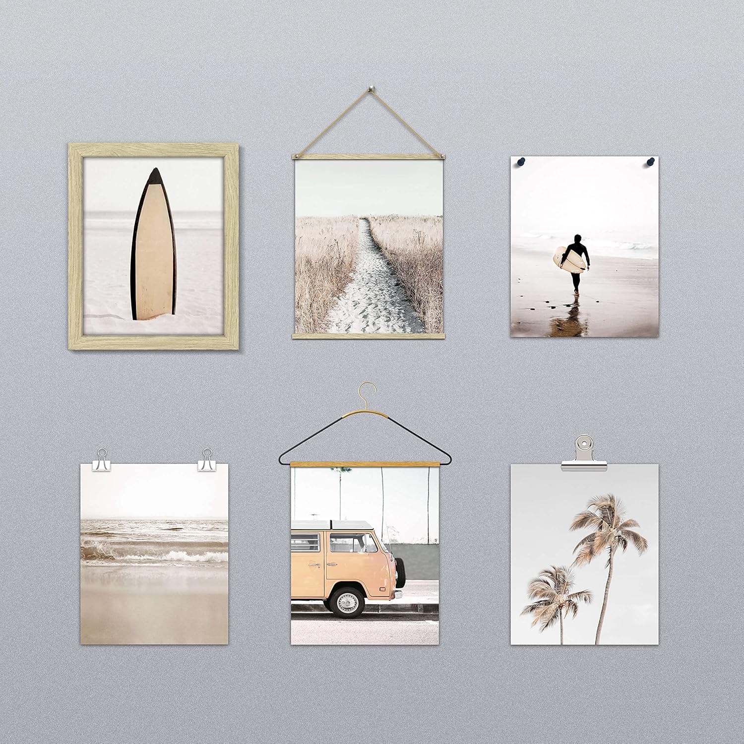 Color Play Impresiones de playa, arte de pared, imágenes del océano, decoración del hogar, juego de 6 pósteres retro costeros, palmeras tropicales,