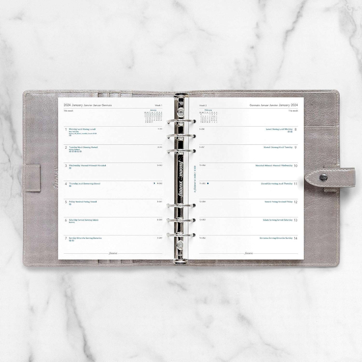 Filofax Recambio de diario para calendario, tamaño A5, semana en una página, libro blanco, sin rayas, multilingüe cuatro idiomas, 2024 (C68517-24)