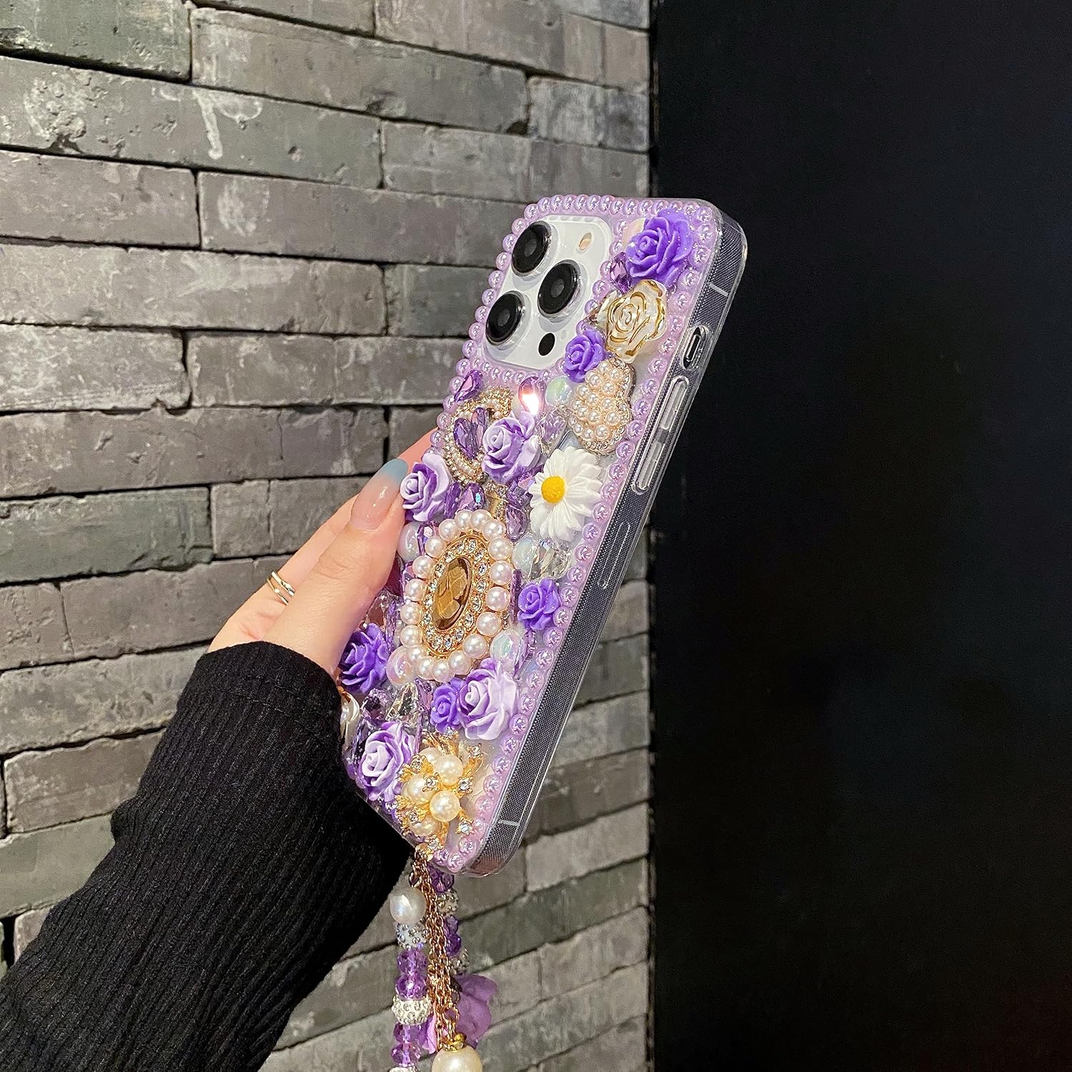 iFiLOVE Funda con diamantes de imitación y correa de flores, 3D de lujo, con diamantes de imitación y diamantes de imitación y rosas de amor, para