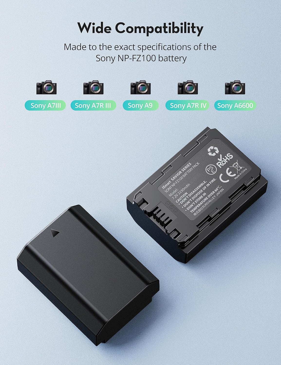 Batería de cámara NP-FZ100, paquete de 2 cargadores de batería de repuesto de 2250 mAh compatibles con Sony A7iii, A7R V, Alpha A7C, A7R III, A7R