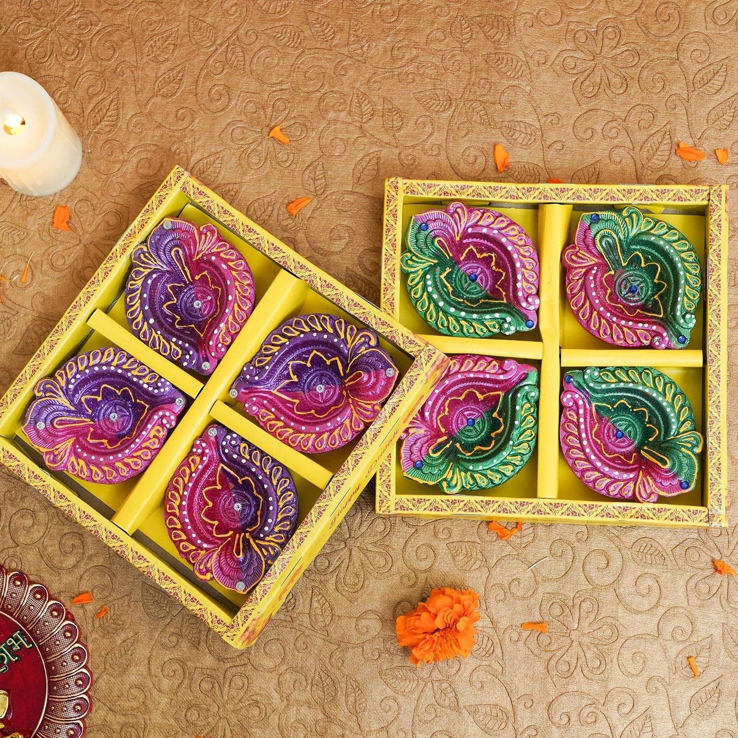 TIED RIBBONS Diya de arcilla hecha a mano para Diwali  Velas de té tradicionales caseras  Lámpara de aceite india  Decoraciones Diwali para el hogar