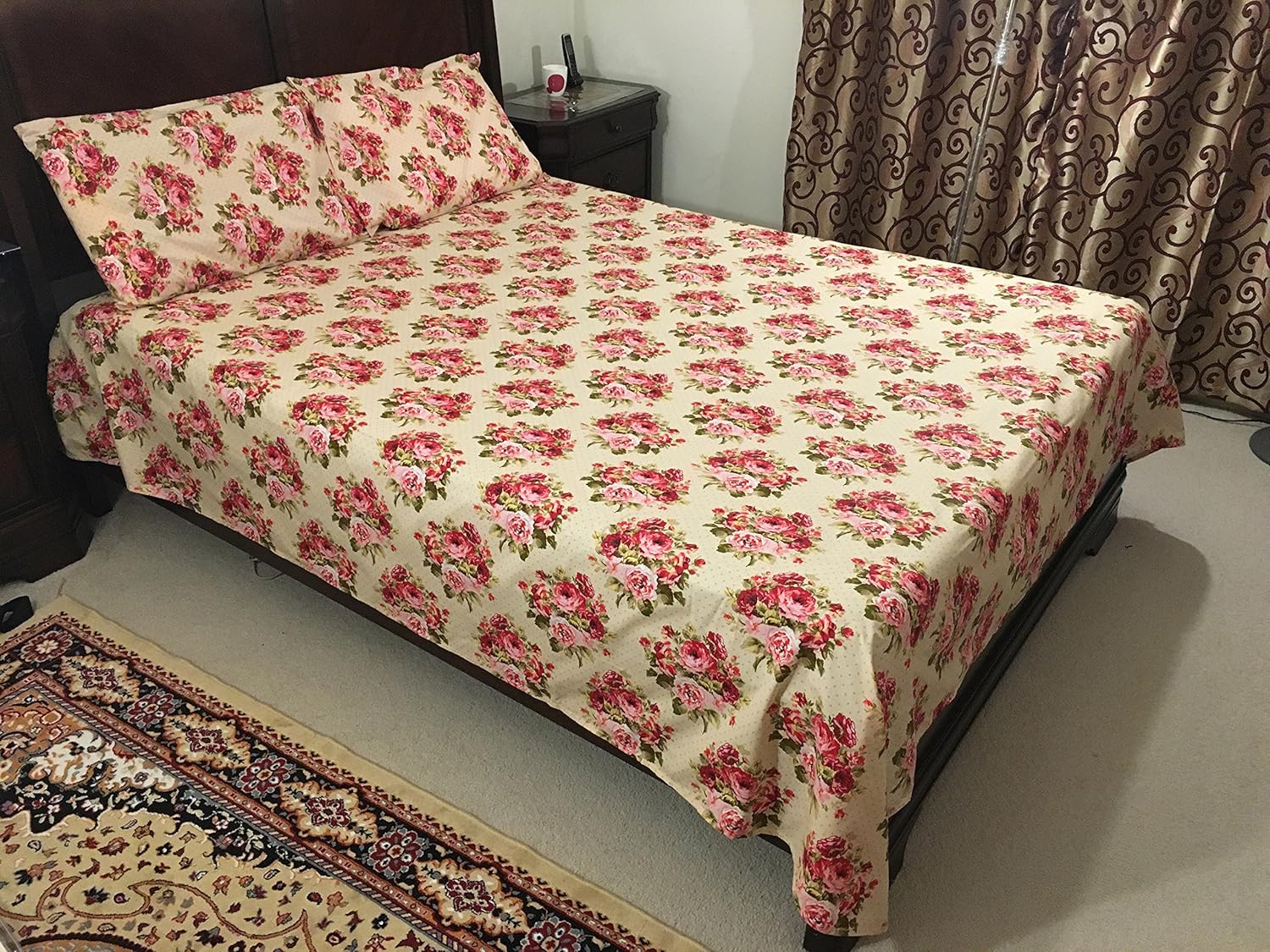 El juego de 4 sábanas de 500 hilos de polialgodón con estampado de rosas de lujo incluye 1 plano, 1 sábana bajera y 2 fundas de almohada, juego de