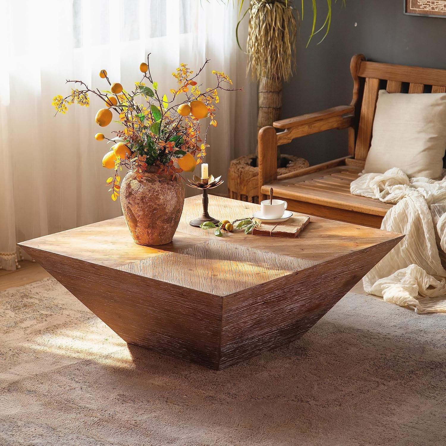 Mesas de centro cuadradas grandes para sala de estar con almacenamiento, diseño de concha cónica de madera maciza con varillas de soporte, fáciles