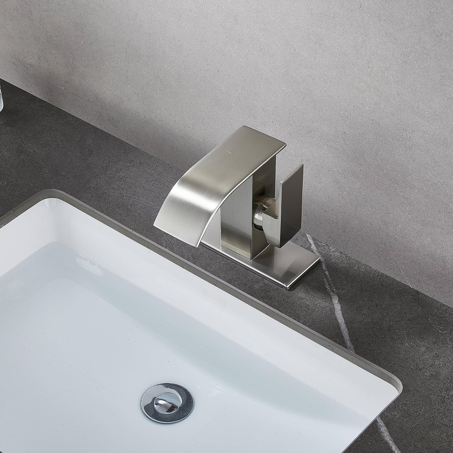Grifo de lavabo de baño de 1 agujero, cascada de níquel cepillado, mango moderno de un solo agujero, grifos de tocador de baño para fregaderos, 1