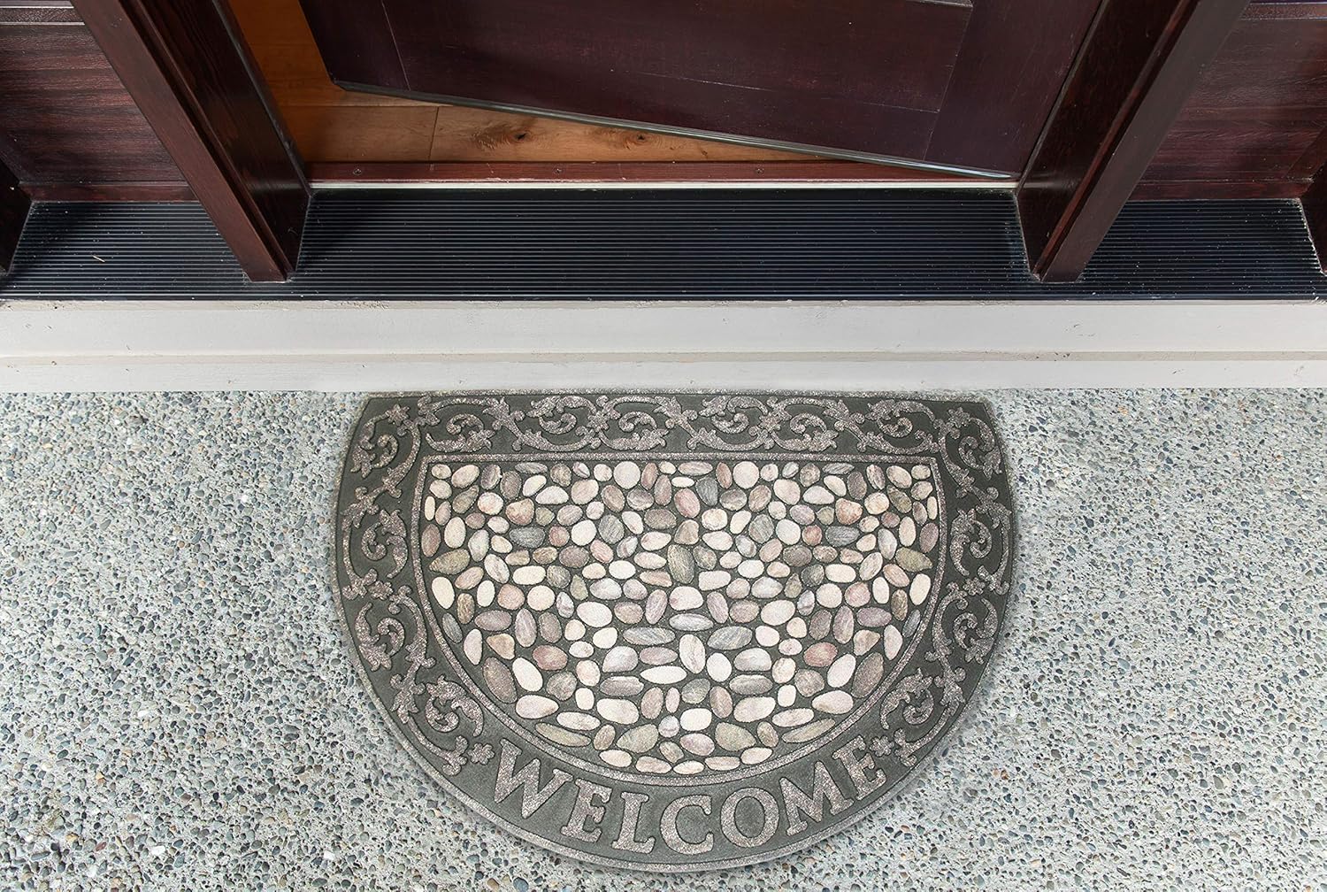 Tapete semicircular con estampado para exteriores e interiores, antideslizante, 23 x 35 pulgadas, resistente al agua, rascador de zapatos, alfombra