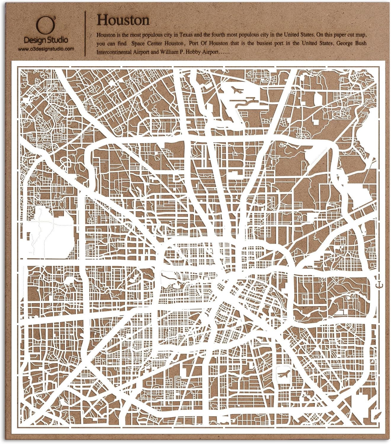 O3 Design Studio – Mapa de corte de papel de Houston de 12 x 12 pulgadas, color blanco