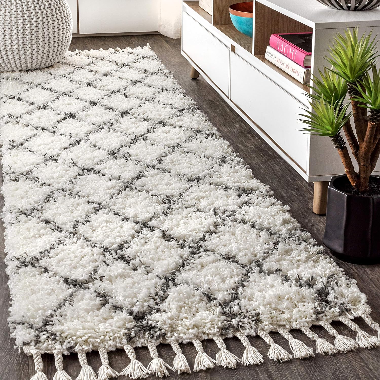 JONATHAN Y MCR104B-28 Mercer Shag – Alfombra de felpa con borlas geométricas marroquíes y enrejado para interiores, estilo bohemio, fácil de