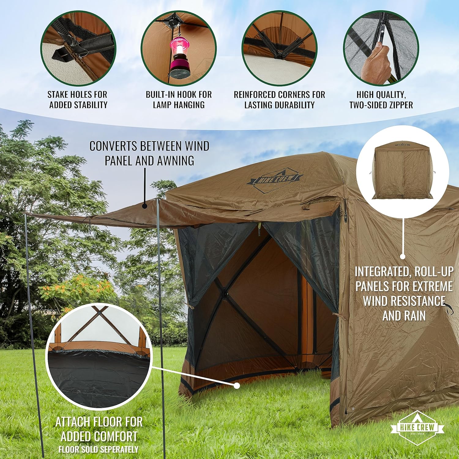 Hike Crew Tienda de campaña de 6 x 6 pies con toldo desplegable para exteriores de 4 lados con paneles de viento con cremallera integrados, toldo