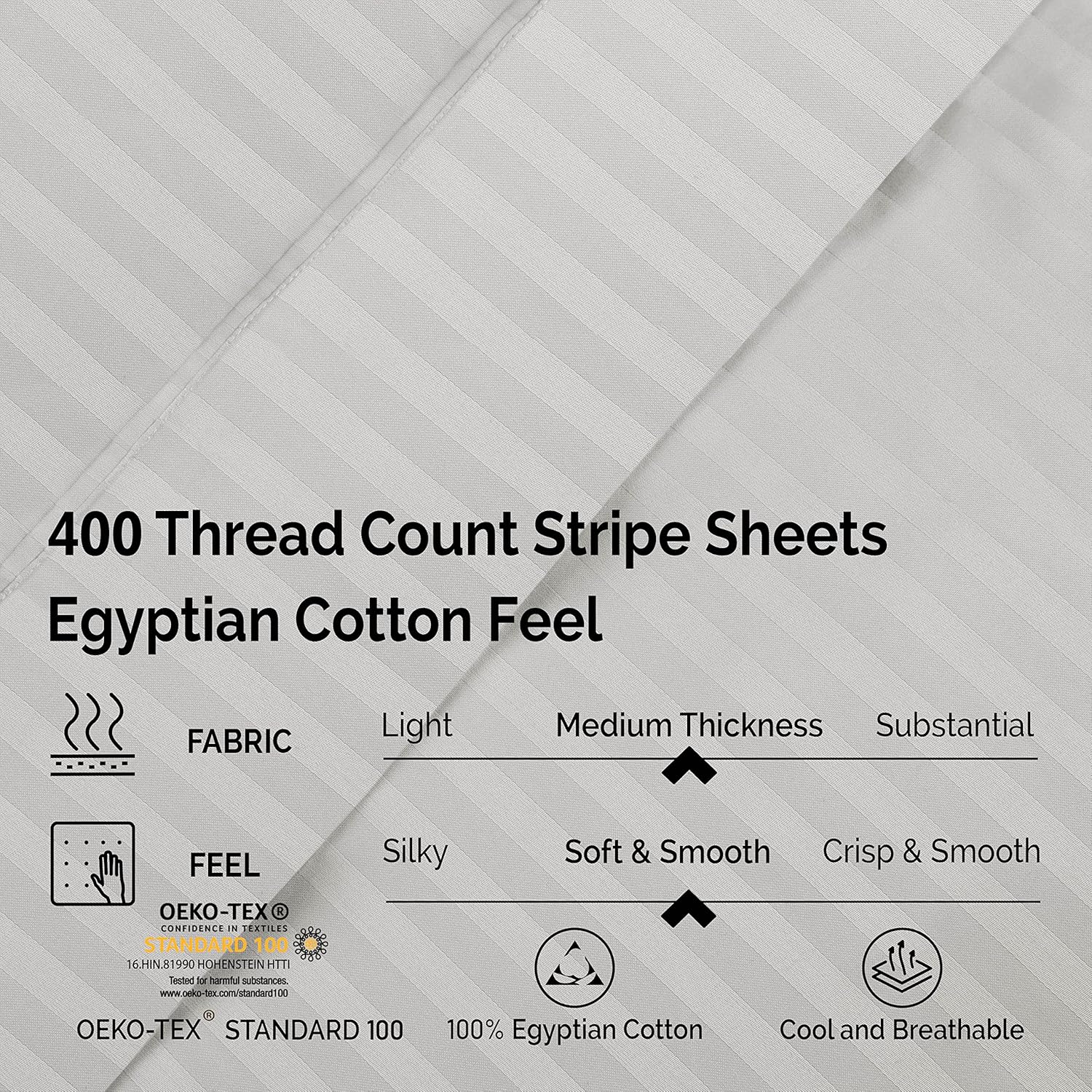 Superior Juego de sábanas de algodón egipcio de 400 hilos, tejido satinado a rayas, artículos esenciales para ropa de cama suave, 1 sábana bajera