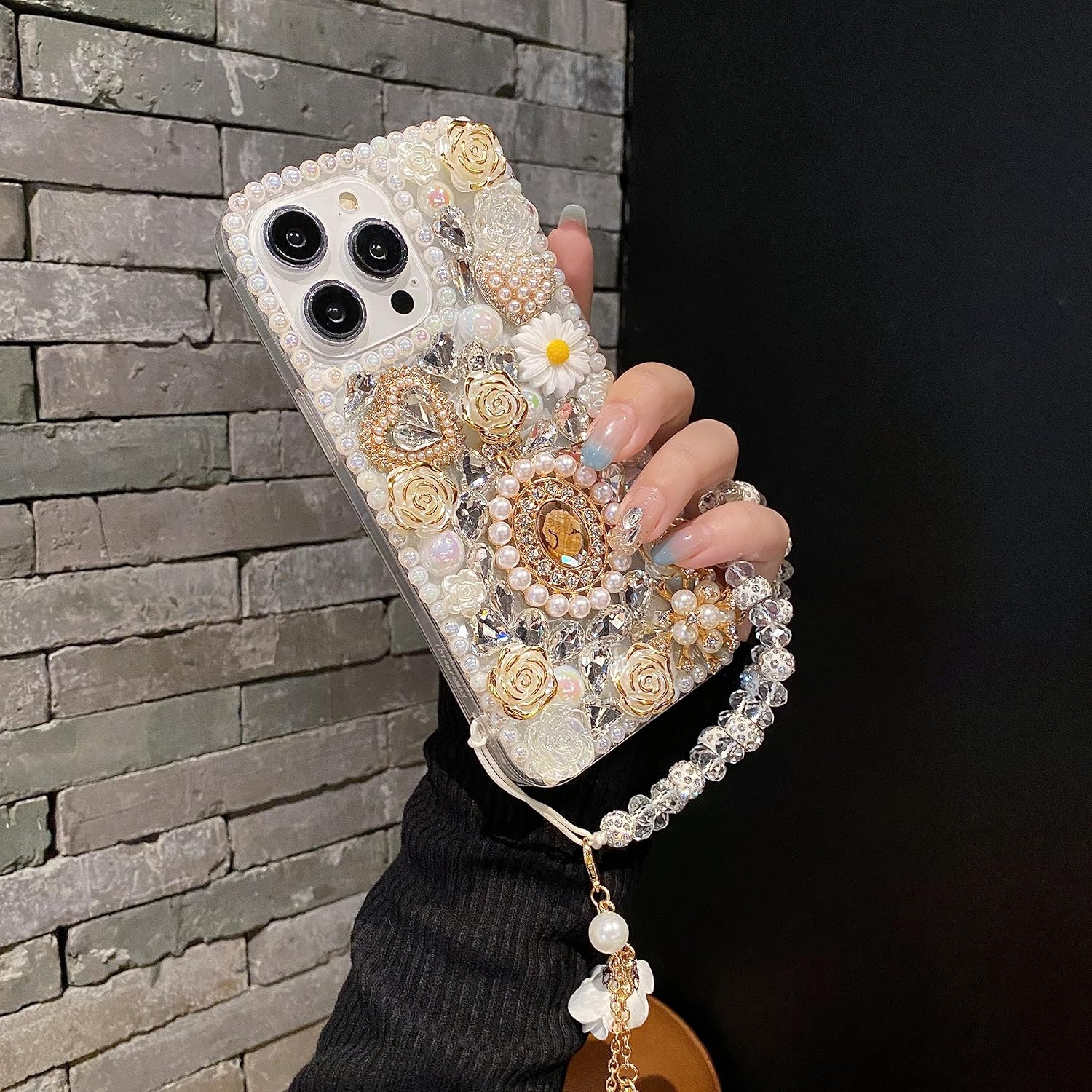 iFiLOVE Funda con diamantes de imitación y correa de flores, 3D de lujo, con diamantes de imitación y diamantes de imitación y rosas de amor, para