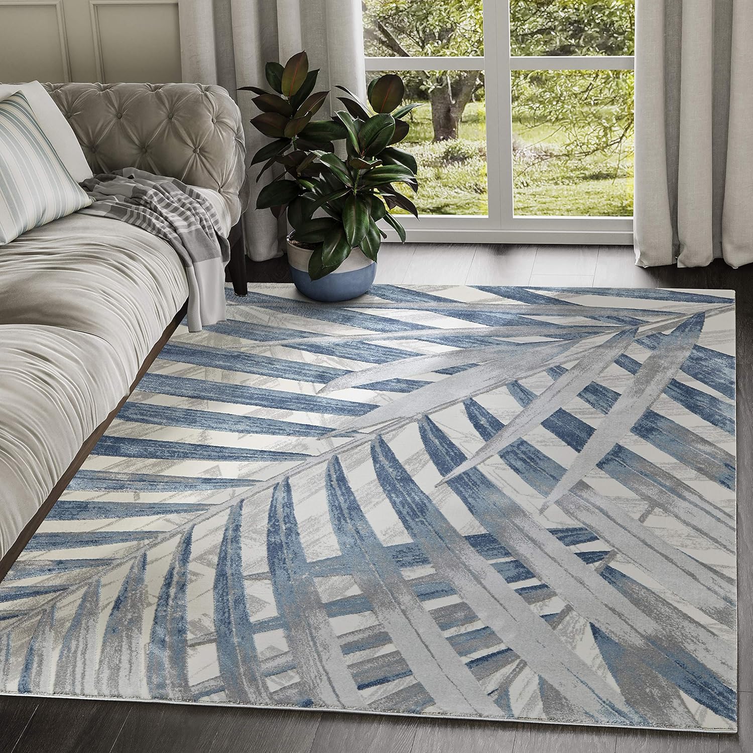 Abani Nova Collection – Alfombra de 8 pies 11 pulgadas x 12 pies, diseño floral de hoja de palma, color azul, gris y beige, alfombra de estilo